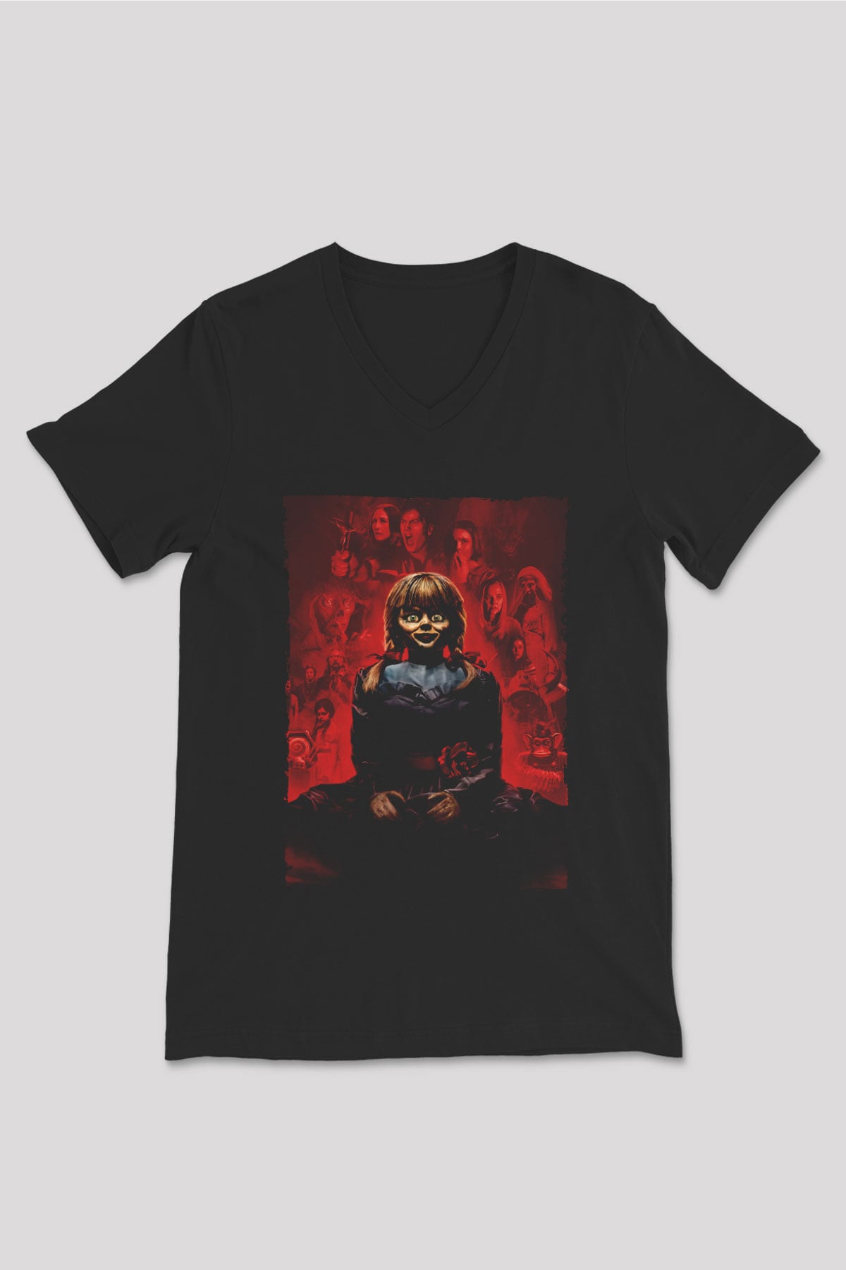Unisex Annabelle 3 Baskılı Siyah V Yaka Tişört