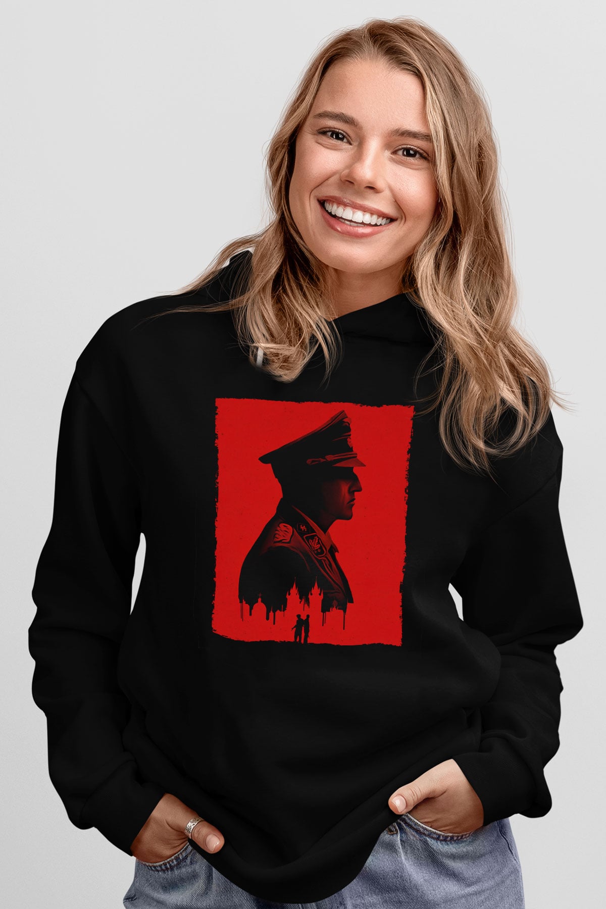 Unisex Anthropoid Baskılı Siyah Kapüşonlu Sweatshirt