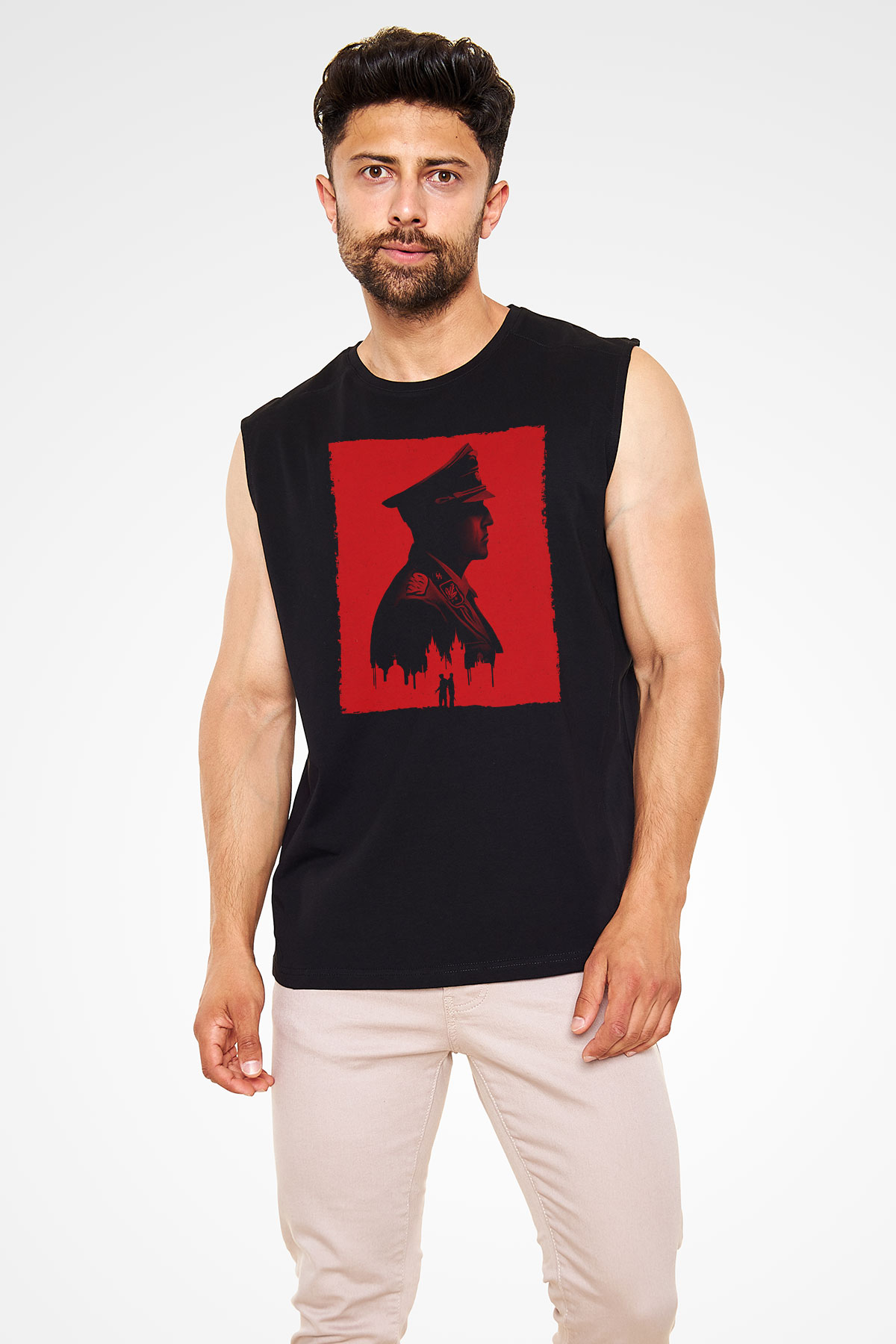 Unisex Anthropoid Baskılı Siyah Kolsuz T-shirt