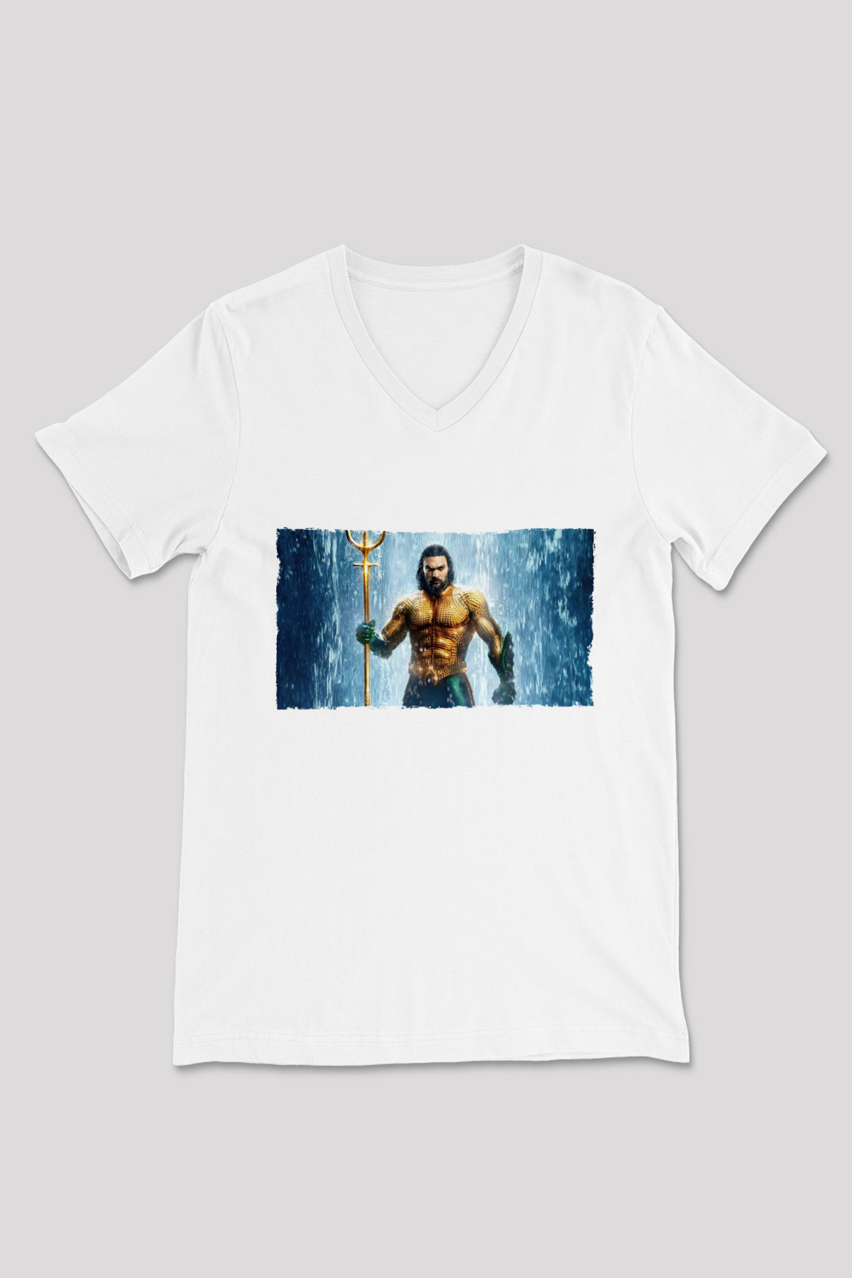 Unisex Aquaman Baskılı Beyaz V Yaka Tişört