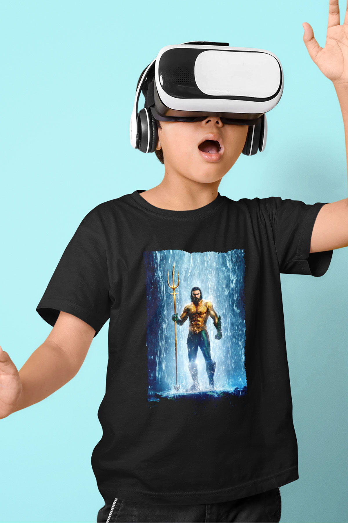 Unisex Aquaman Baskılı Siyah Çocuk T-shirt