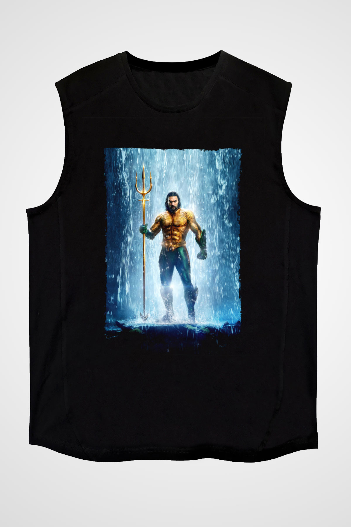 Unisex Aquaman Baskılı Siyah Kolsuz T-shirt