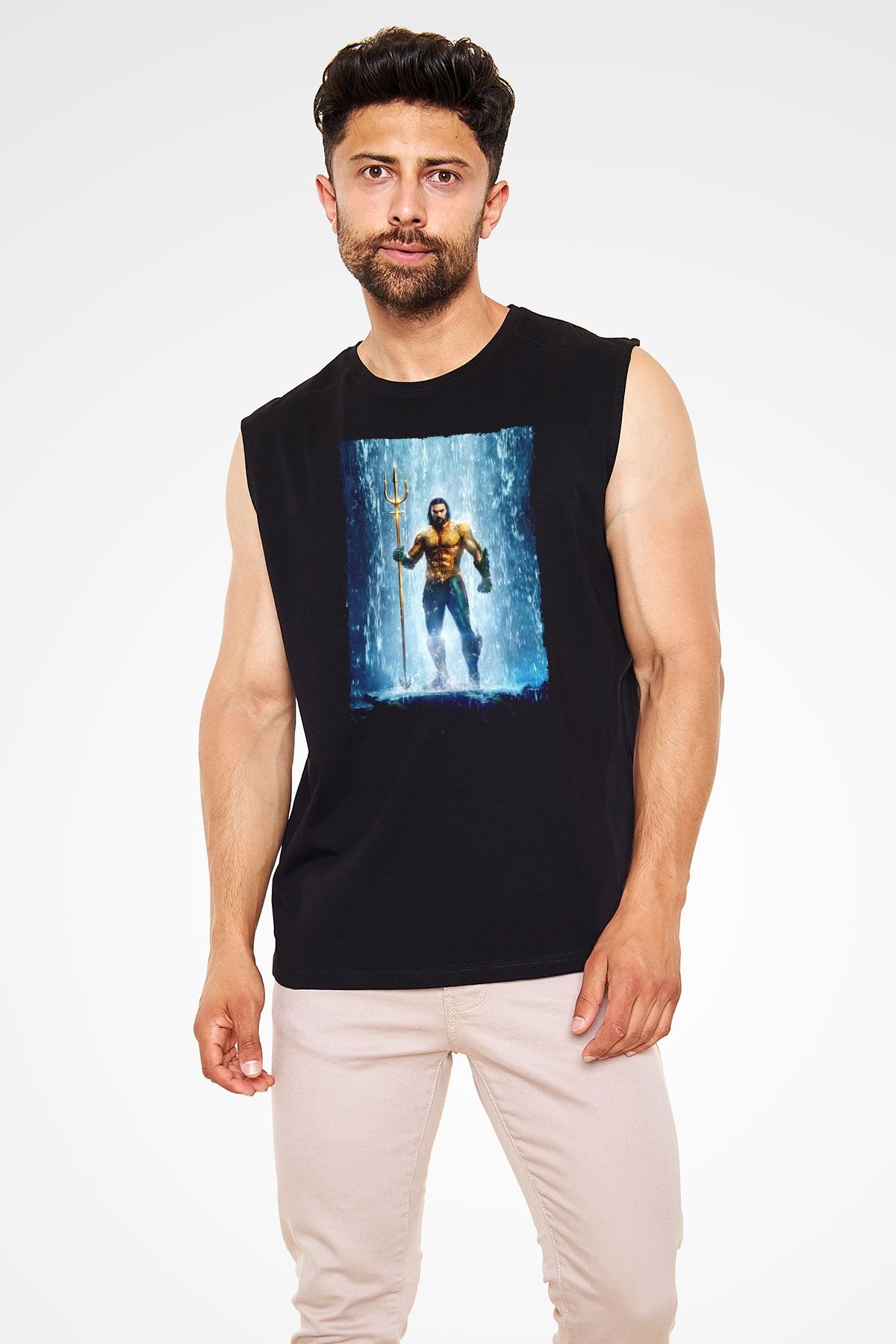 Unisex Aquaman Baskılı Siyah Kolsuz T-shirt
