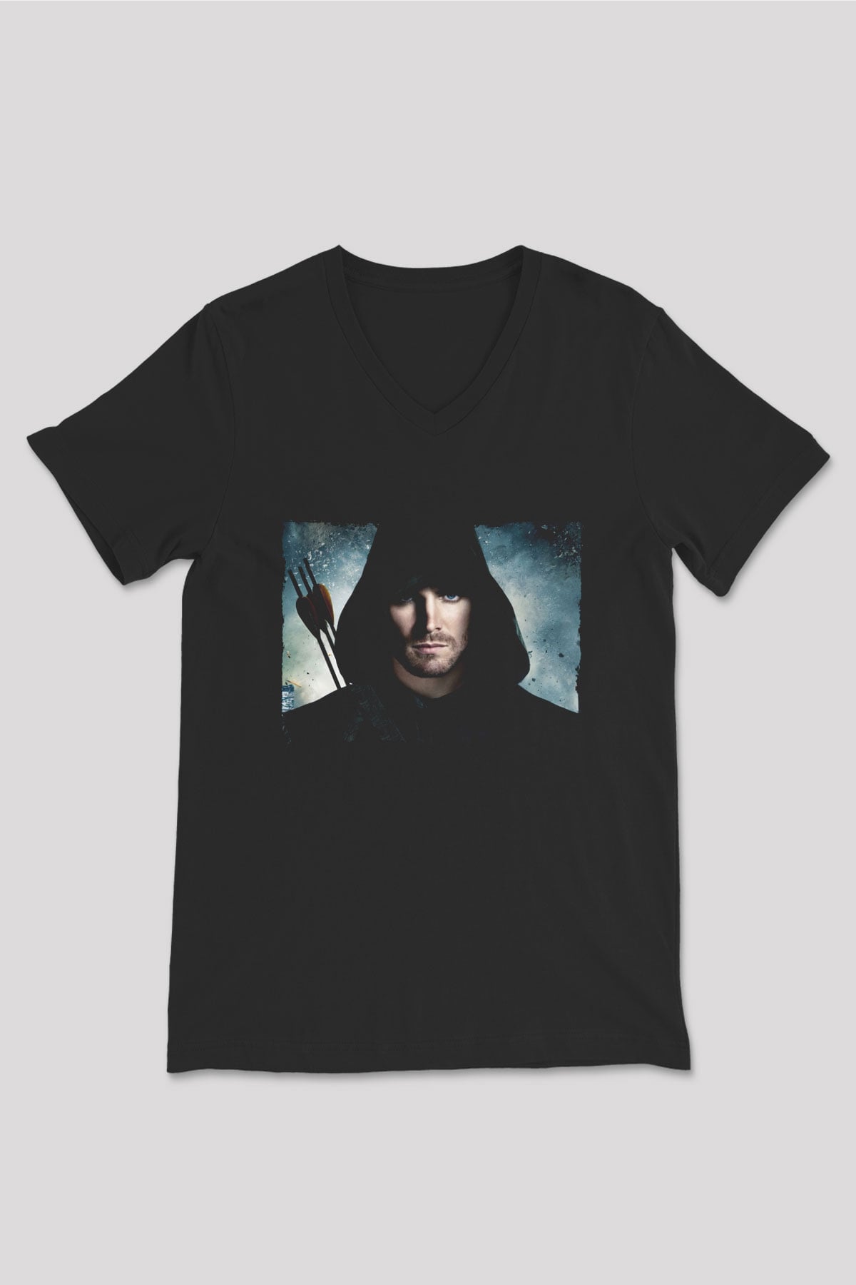 Unisex Arrow Baskılı Siyah V Yaka T-shirt