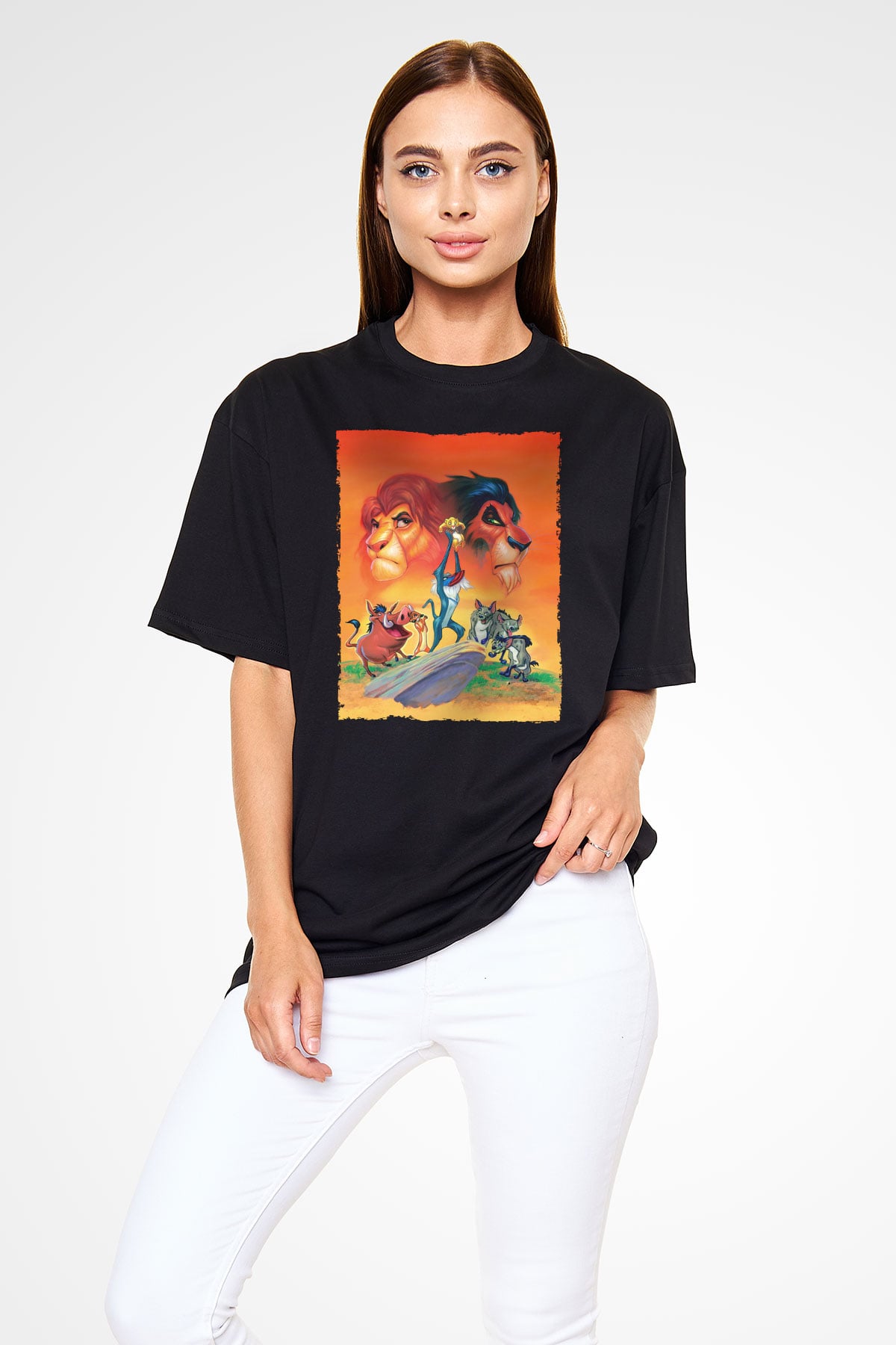 Unisex Aslan Kral (The Lion King) Baskılı Siyah Oversize Tshirt