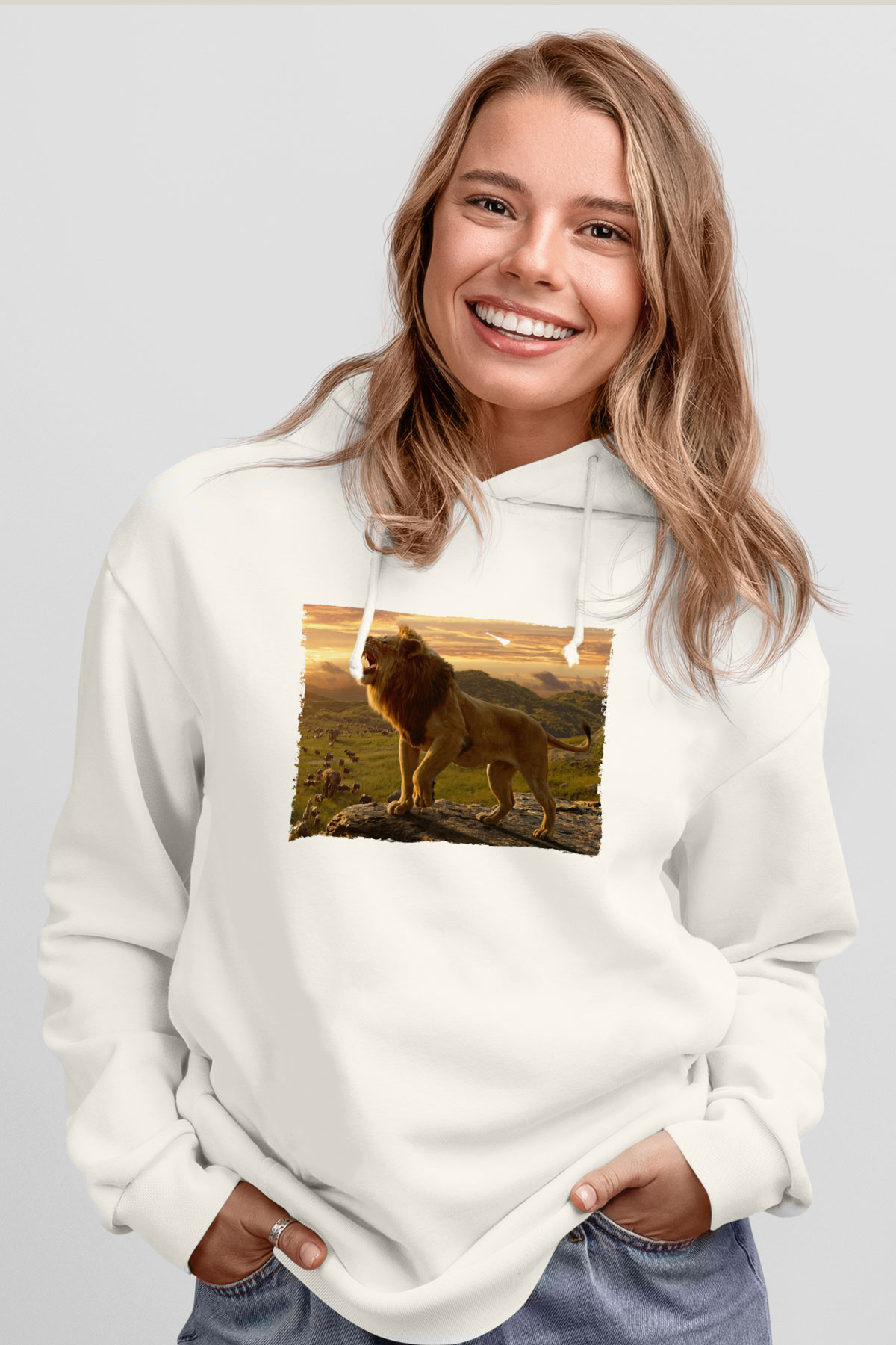 Unisex Aslan Kral (The Lion King) Baskılı Beyaz Kapüşonlu Sweatshirt