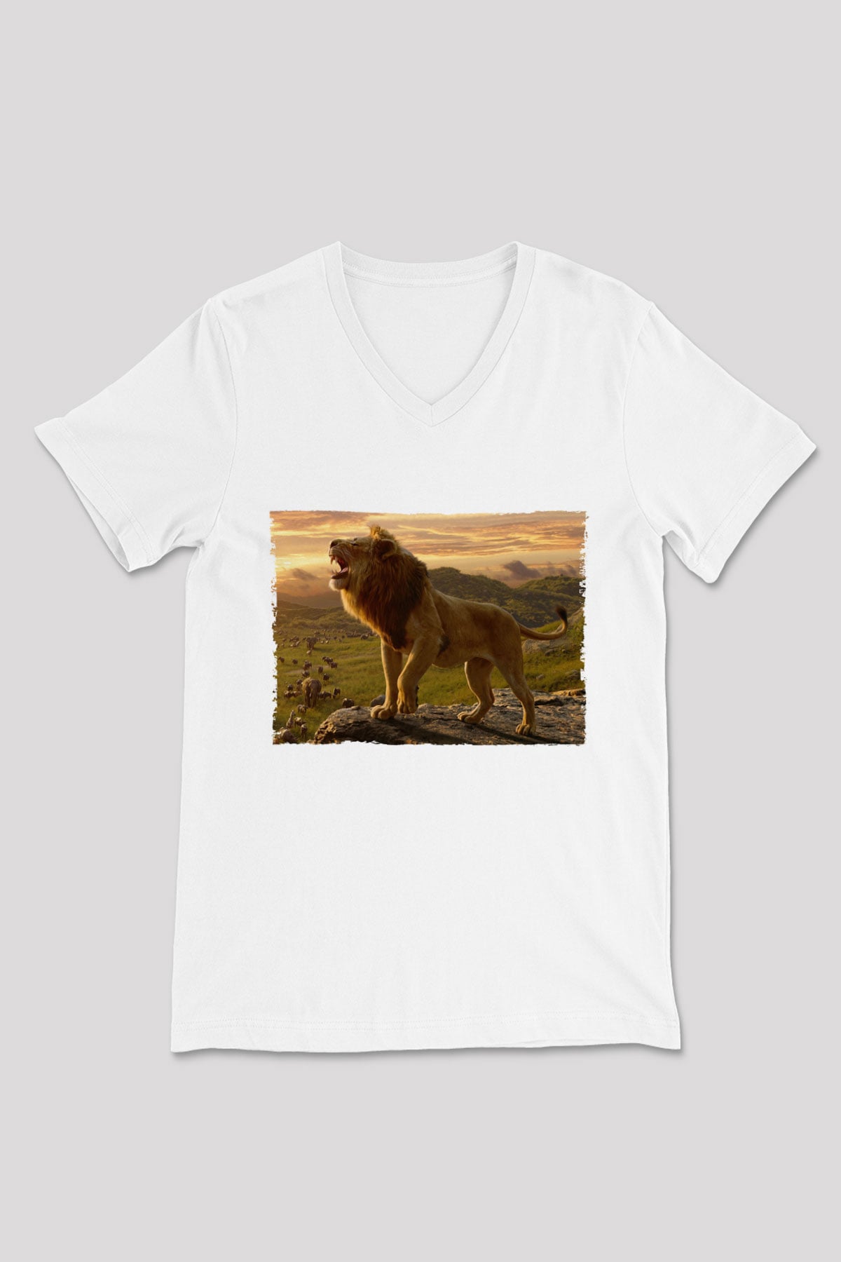 Unisex Aslan Kral (The Lion King) Baskılı Beyaz V Yaka T-shirt