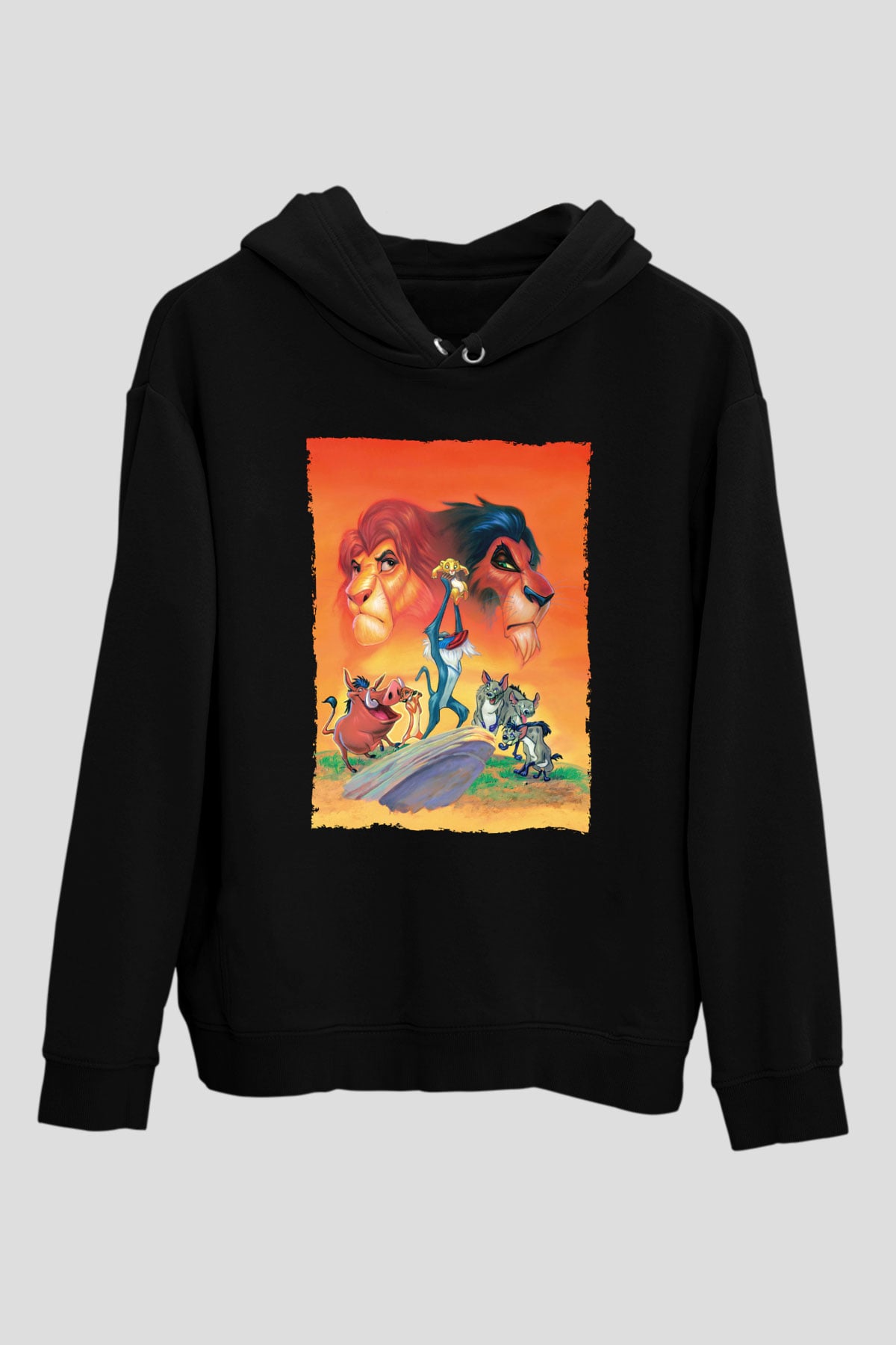 Unisex Aslan Kral (The Lion King) Baskılı Siyah Kapüşonlu Sweatshirt