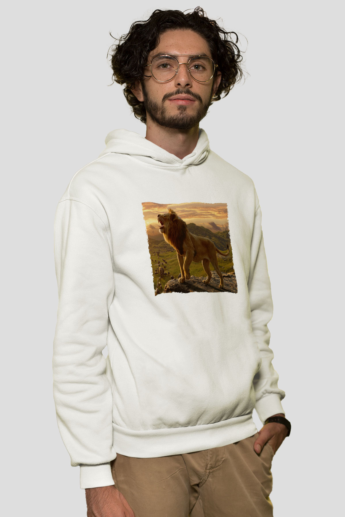 Unisex Aslan Kral (The Lion King) Baskılı Beyaz Kapüşonlu Sweatshirt