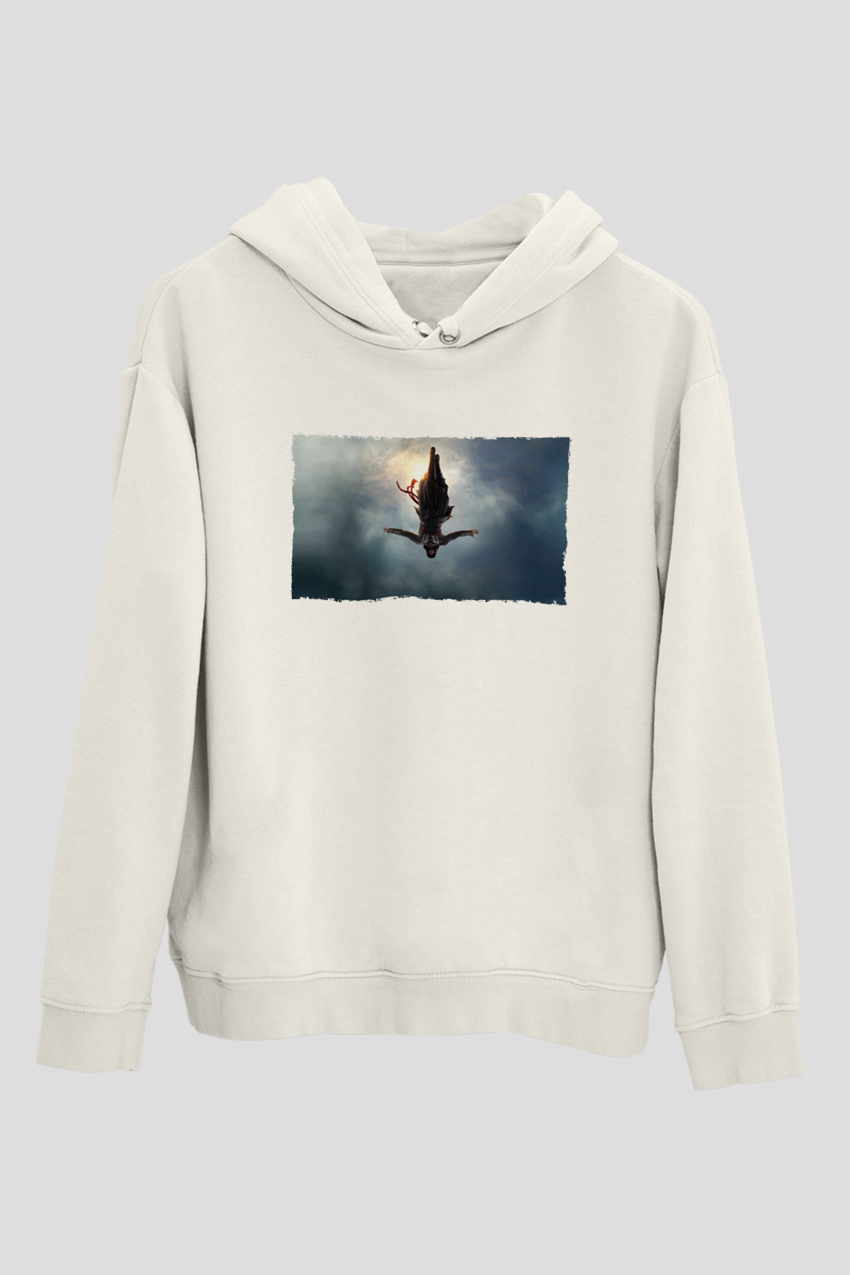 Unisex Assassin's Creed Baskılı Beyaz Kapüşonlu Sweatshirt