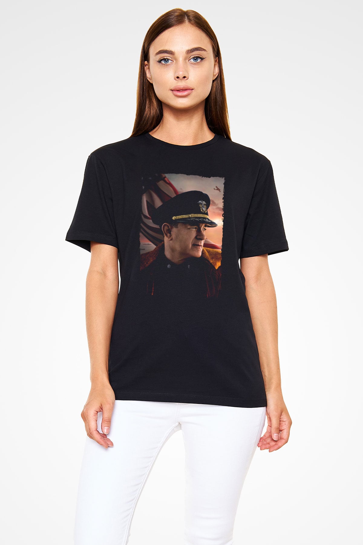 Unisex Atlantik Savaşı (Greyhound) Baskılı Siyah Tshirt