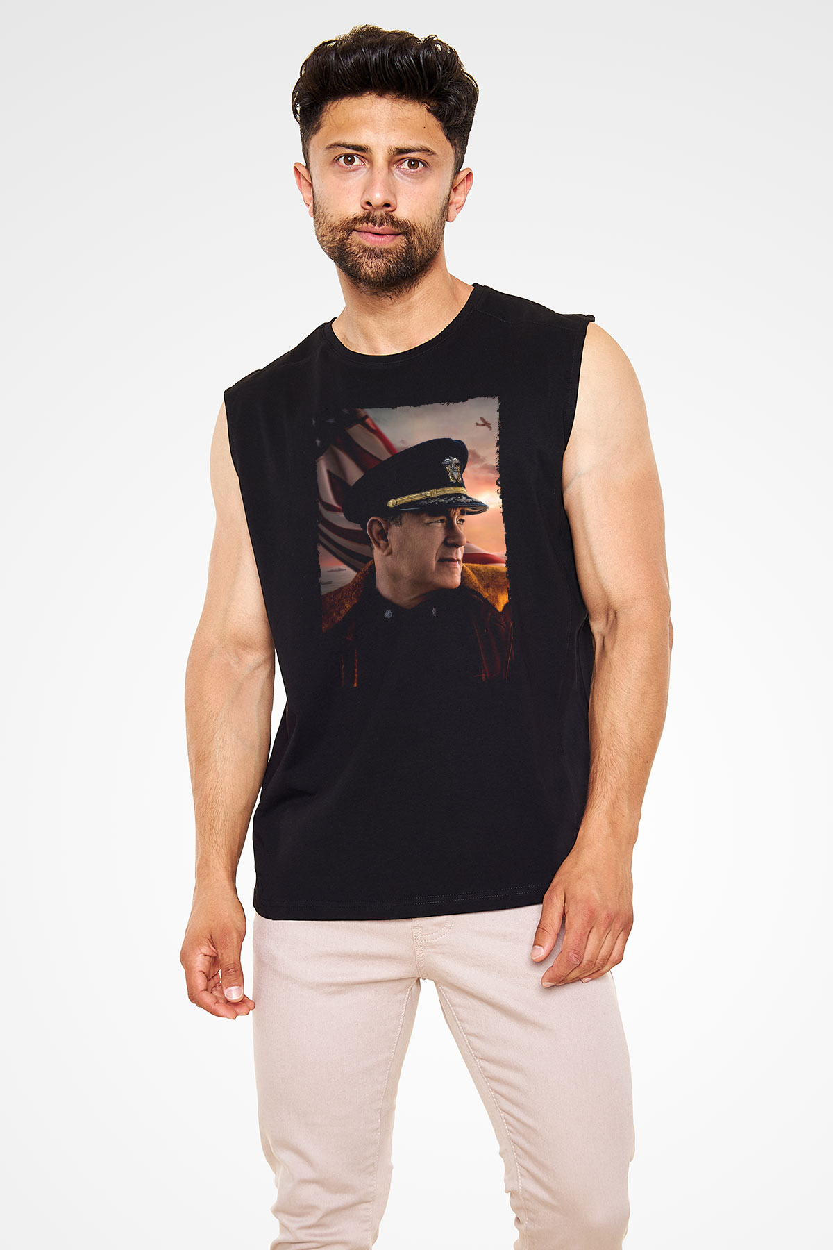 Unisex Atlantik Savaşı (Greyhound) Baskılı Siyah Kolsuz Tshirt