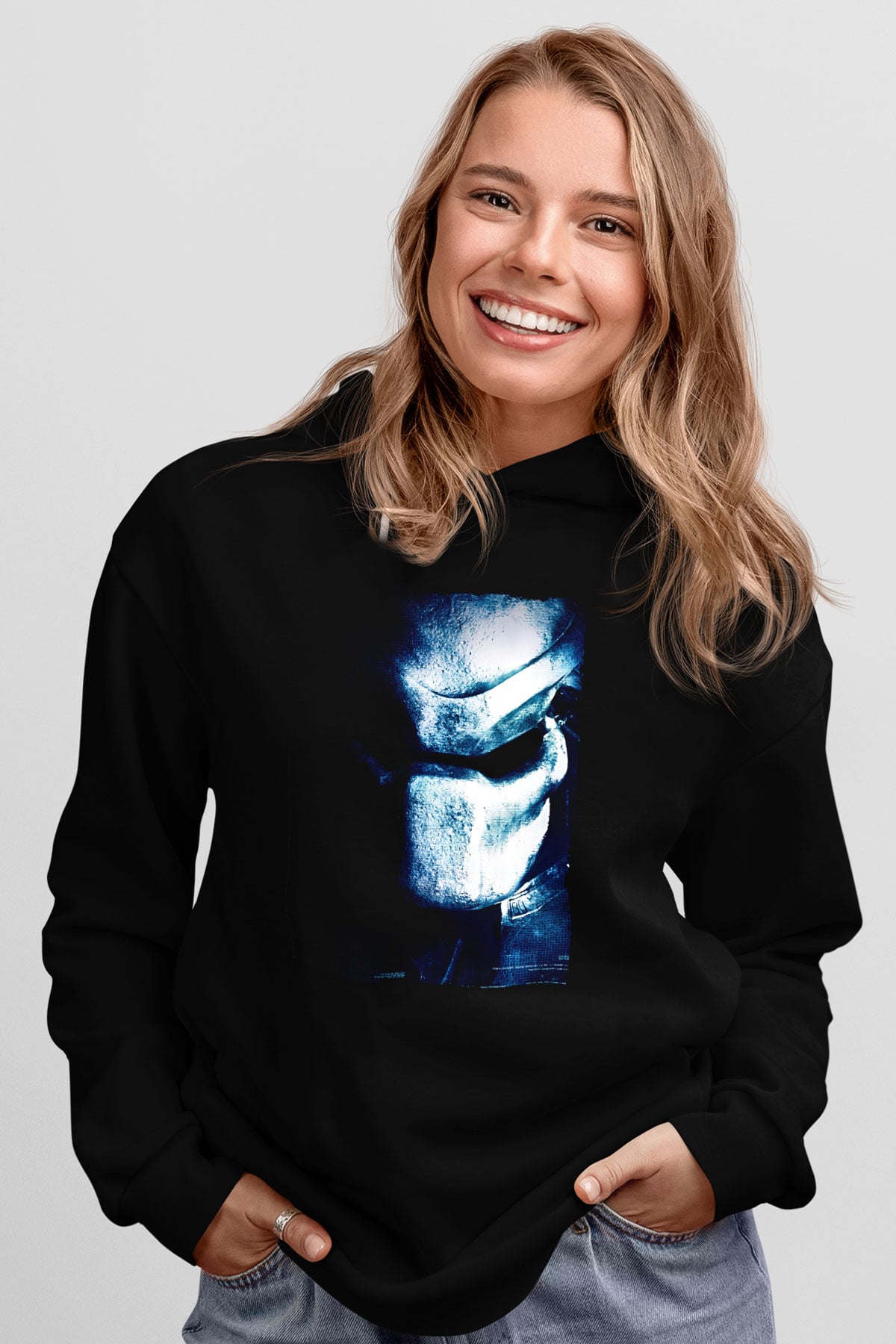 Unisex Av (Predator) Baskılı Siyah Kapüşonlu Sweatshirt
