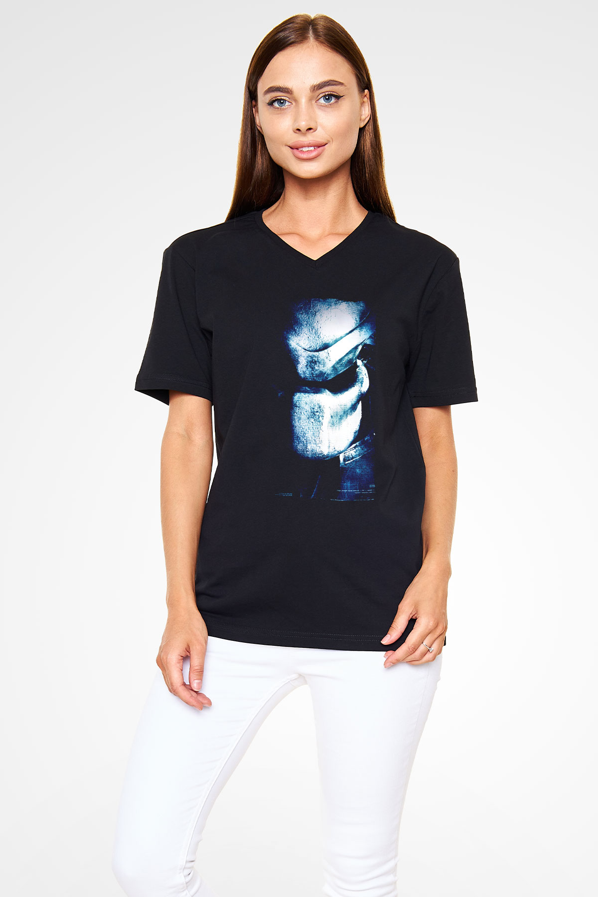 Unisex Av (Predator) Baskılı Siyah V Yaka Tshirt