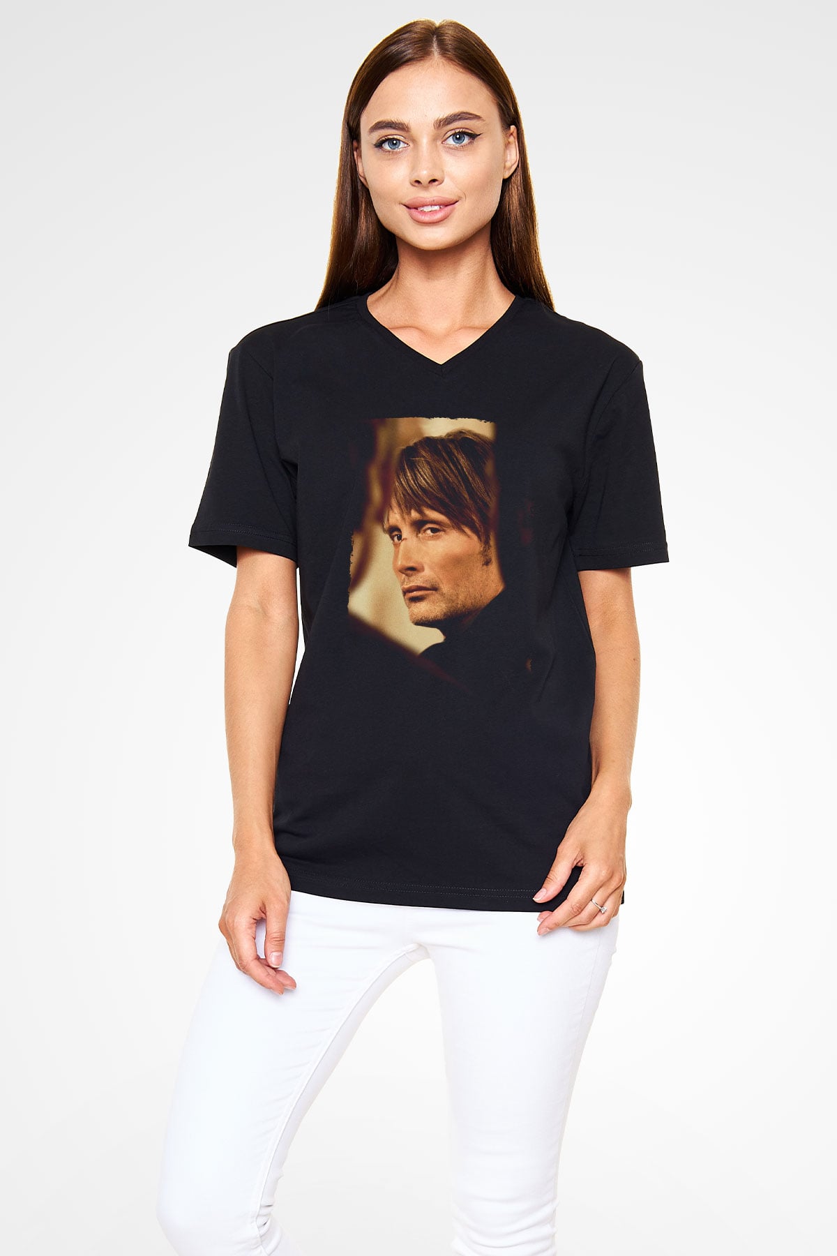 Unisex Av (The Hunt) Baskılı Siyah V Yaka Tshirt
