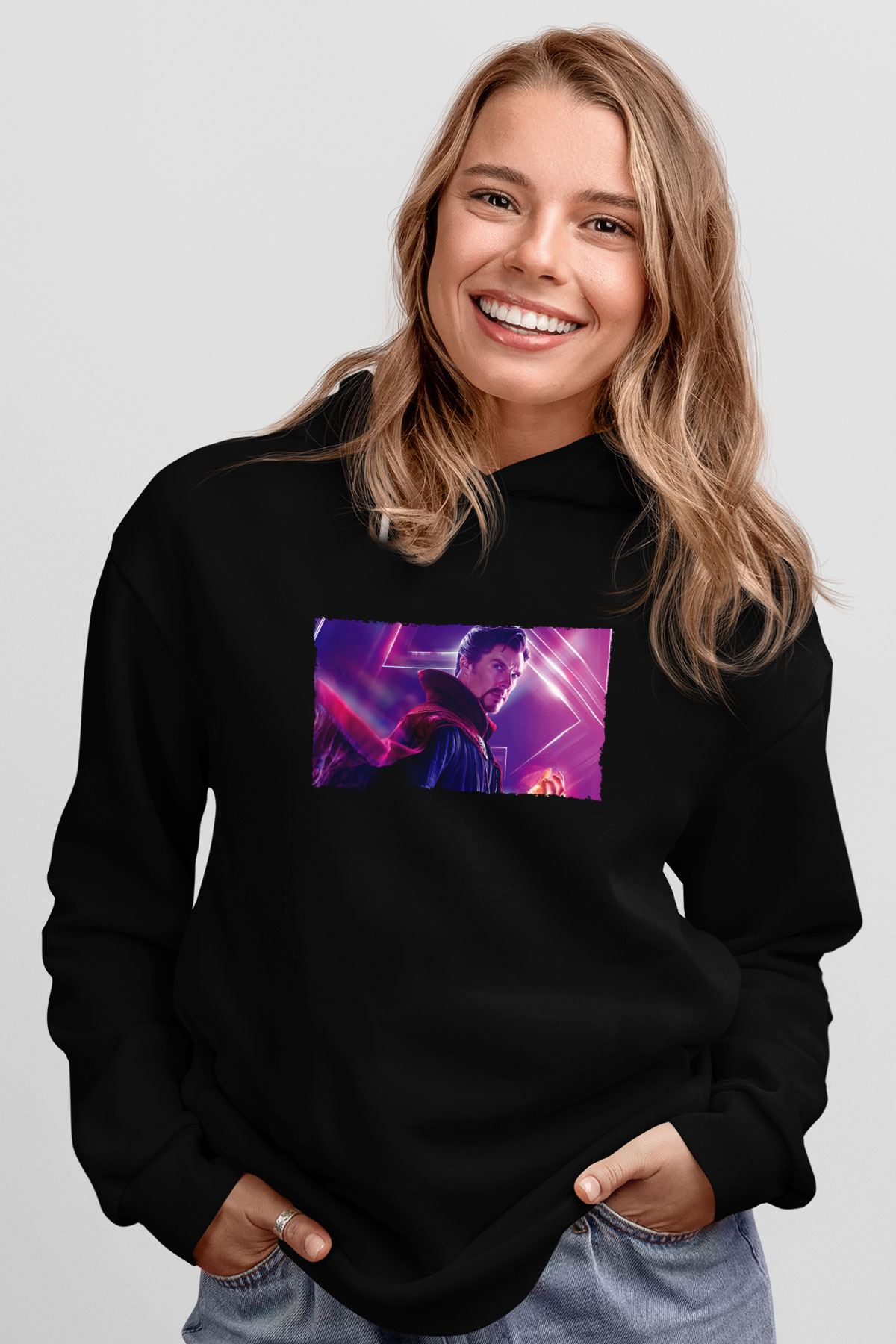 Unisex Avengers Sonsuzluk Savaşı Baskılı Siyah Kapüşonlu Sweatshirt