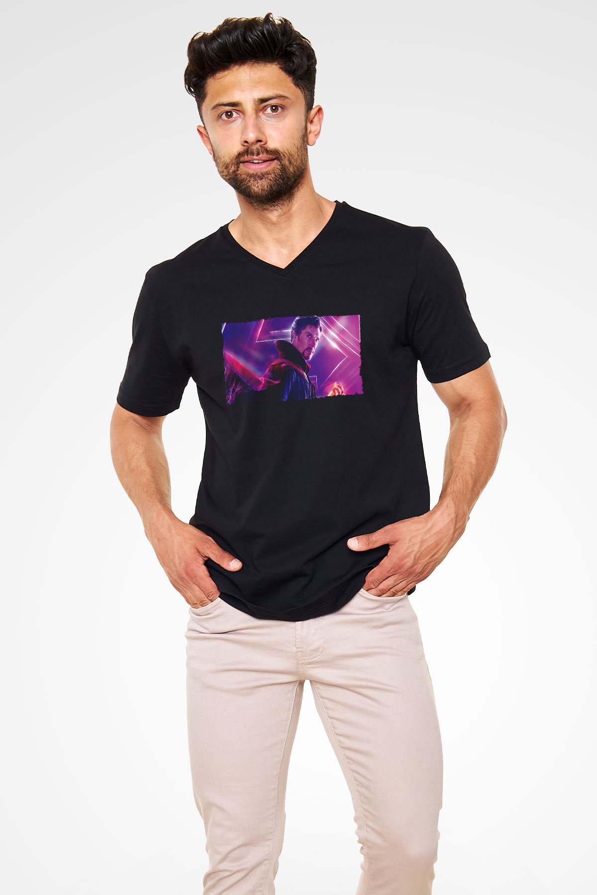 Unisex Avengers Sonsuzluk Savaşı Baskılı Siyah V Yaka Tshirt