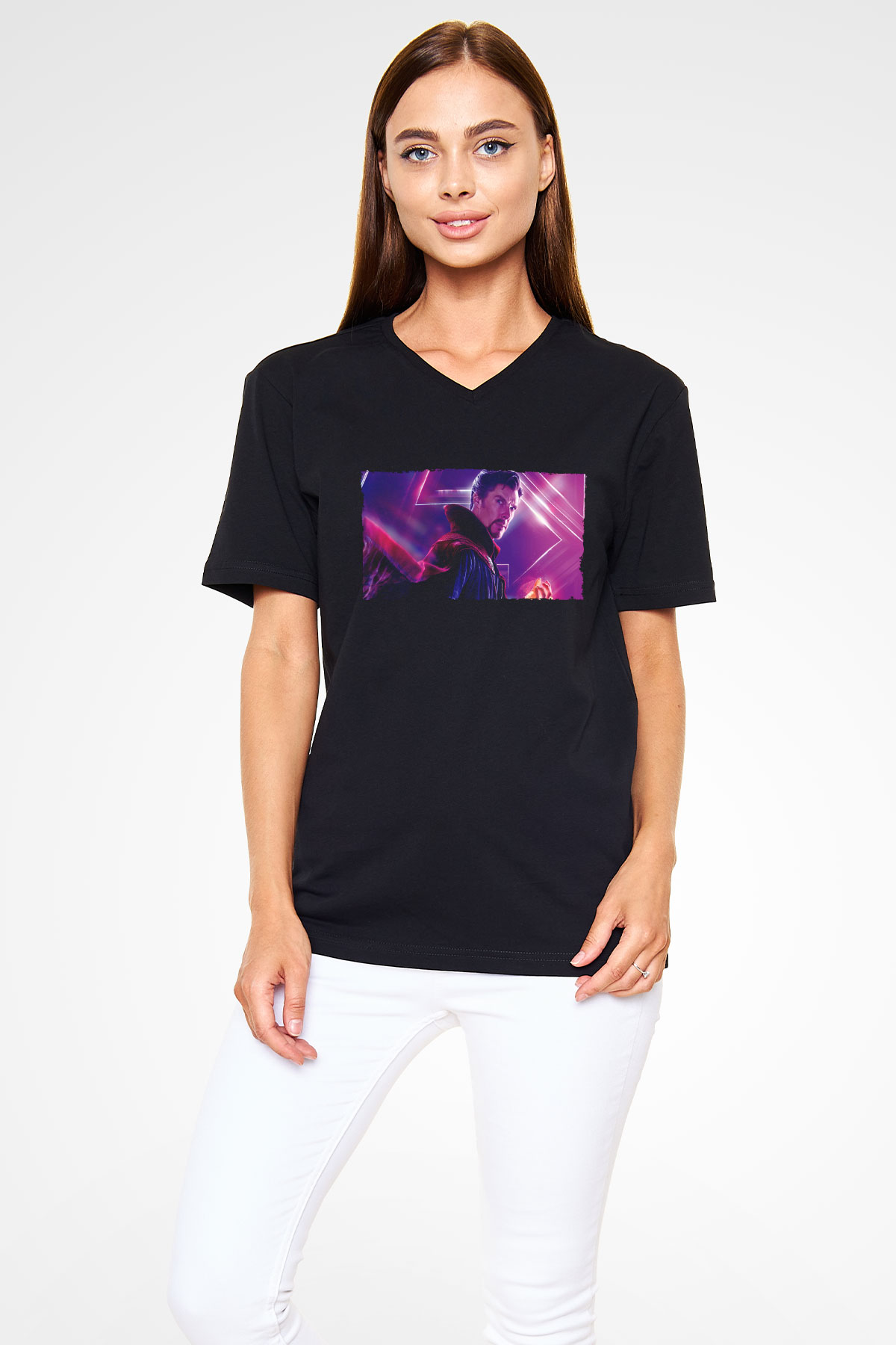Unisex Avengers Sonsuzluk Savaşı Baskılı Siyah V Yaka Tshirt