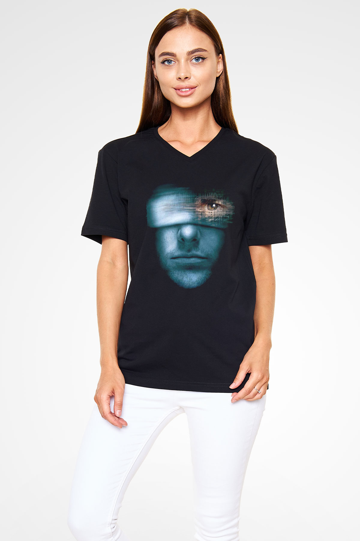Unisex Azınlık Raporu (Minority Report) Baskılı Siyah V Yaka T-shirt