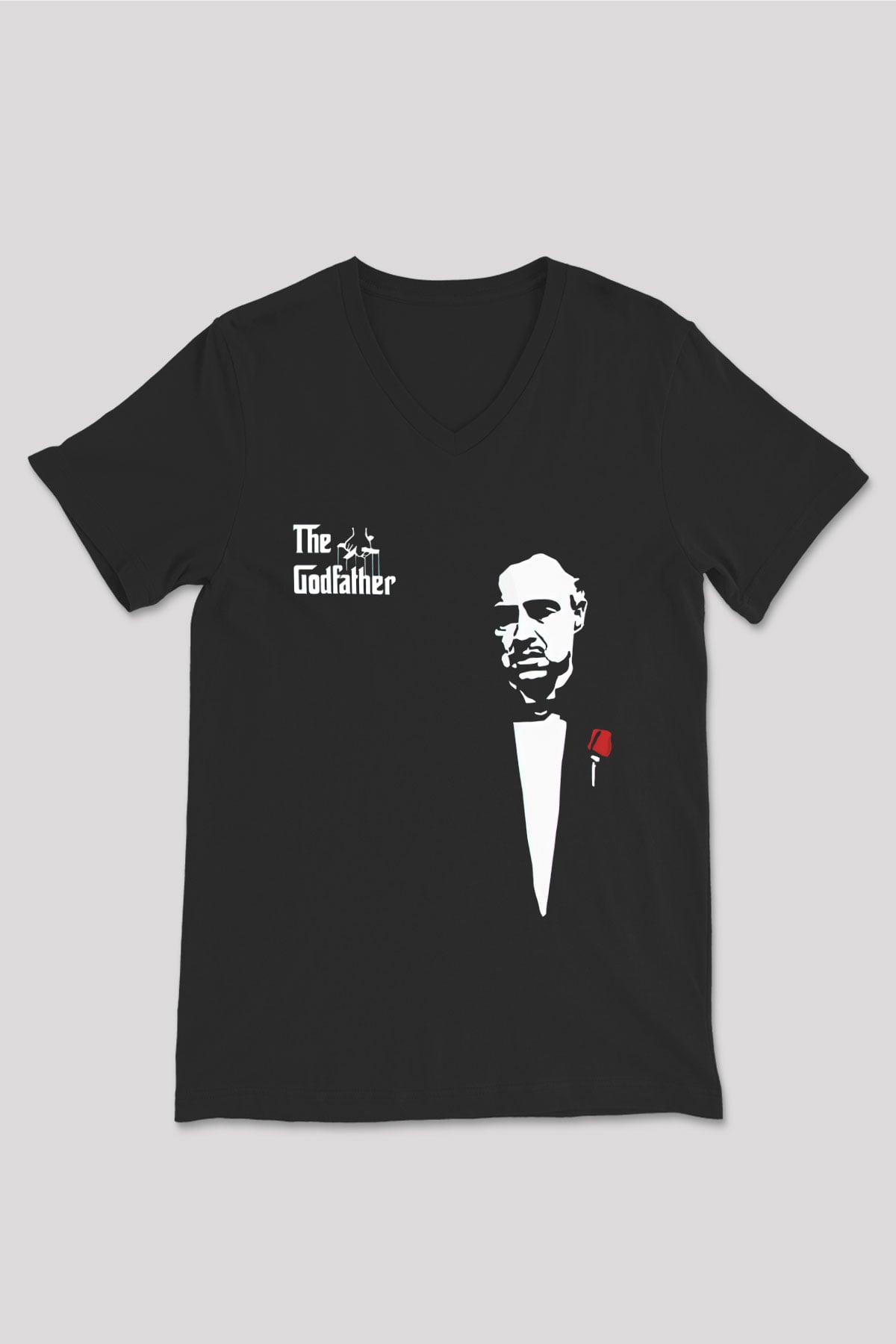 Unisex Baba (The Godfather) Baskılı Siyah Unisex V Yaka Tişört