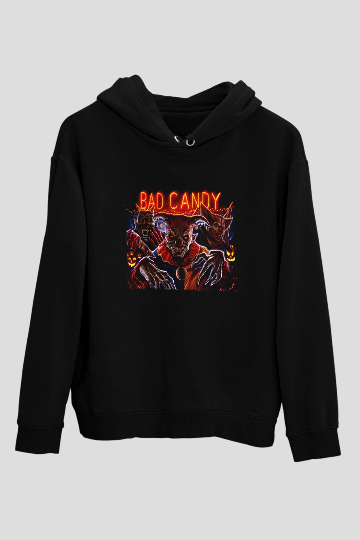 Unisex Bad Candy Baskılı Siyah Kapüşonlu Sweatshirt