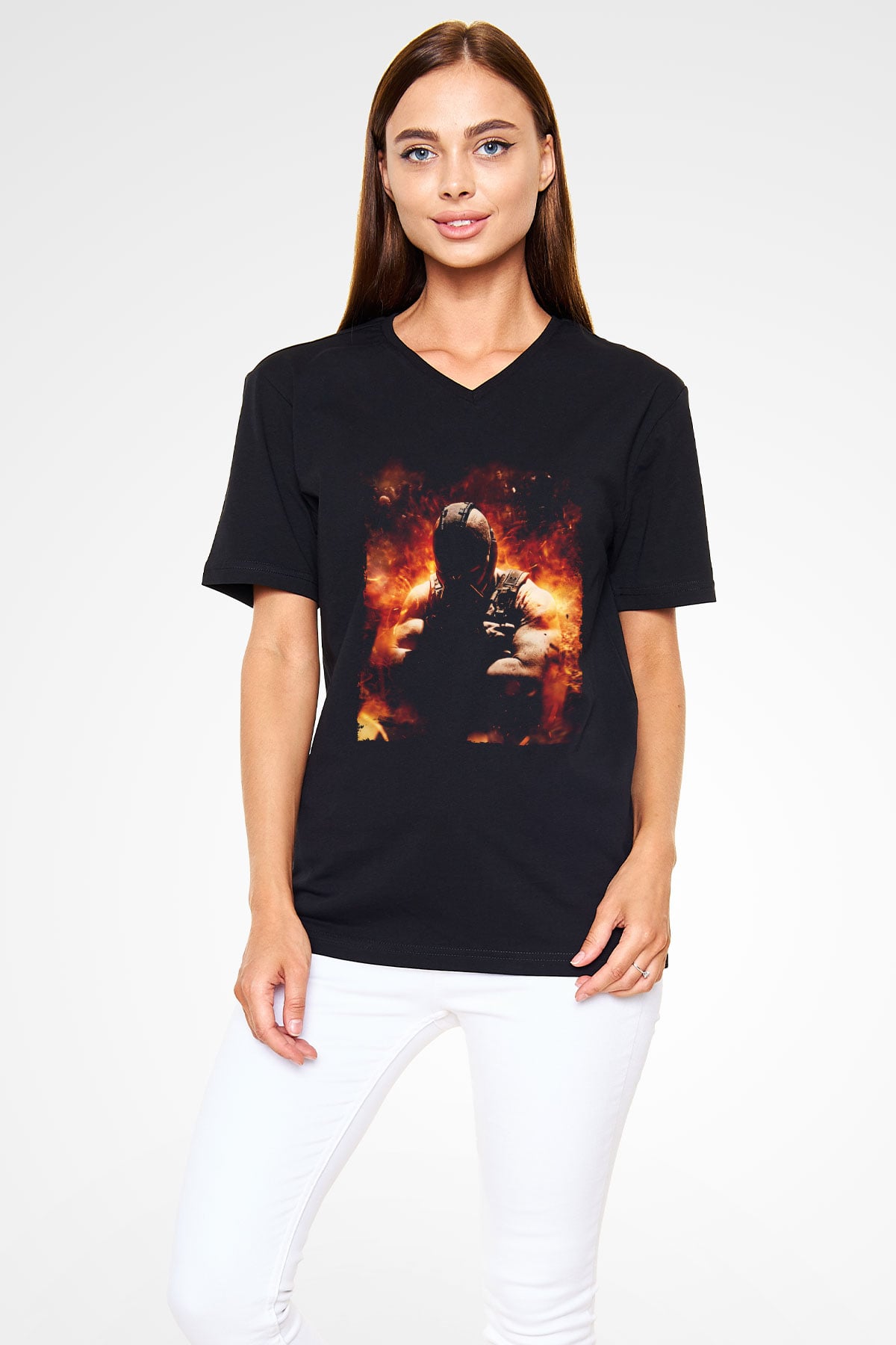 Unisex Bane Baskılı Siyah V Yaka T-shirt