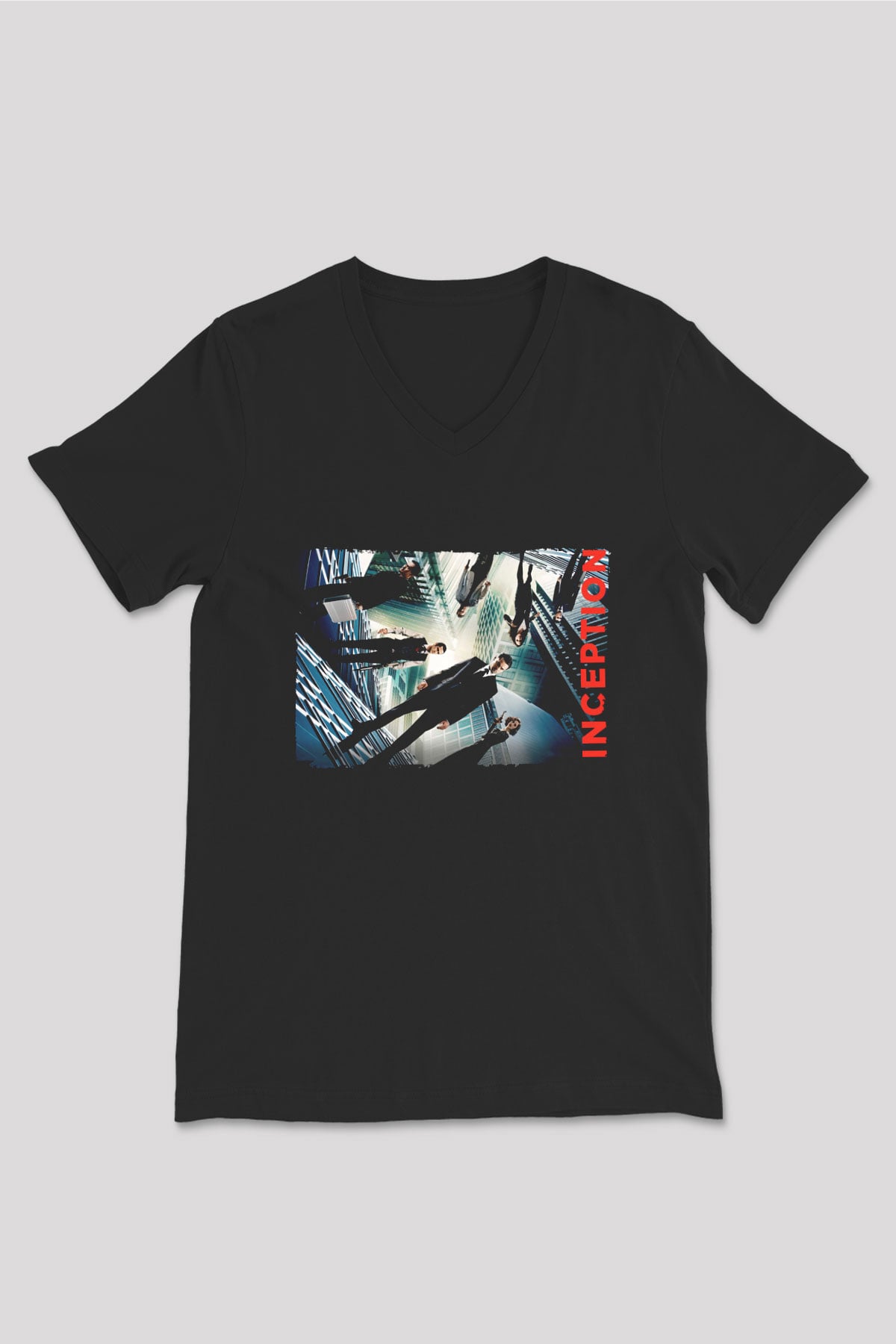 Unisex Başlangıç (Inception) Baskılı Siyah V Yaka T-shirt