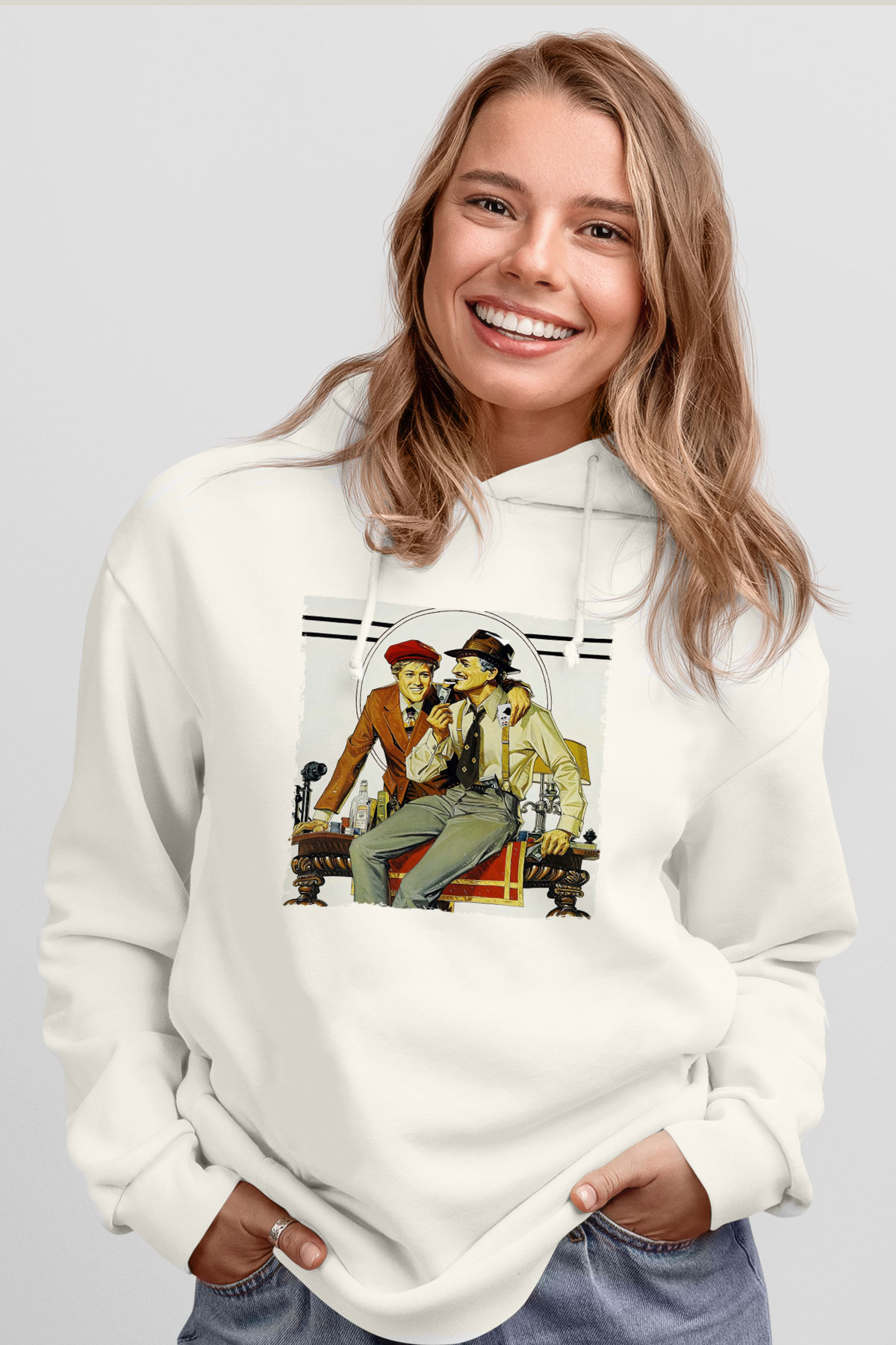 Unisex Belalılar (The Sting) Baskılı Beyaz Kapüşonlu Sweatshirt