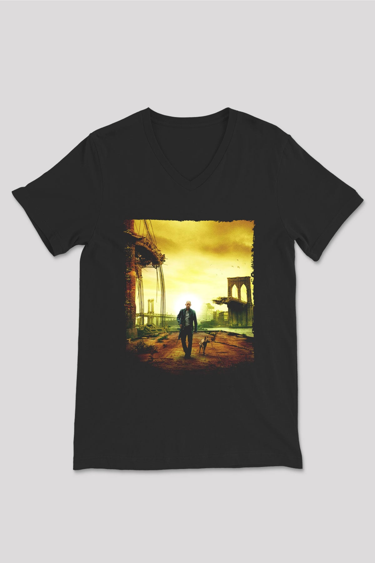 Unisex Ben Efsaneyim (I Am Legend) Baskılı Siyah V Yaka Tshirt
