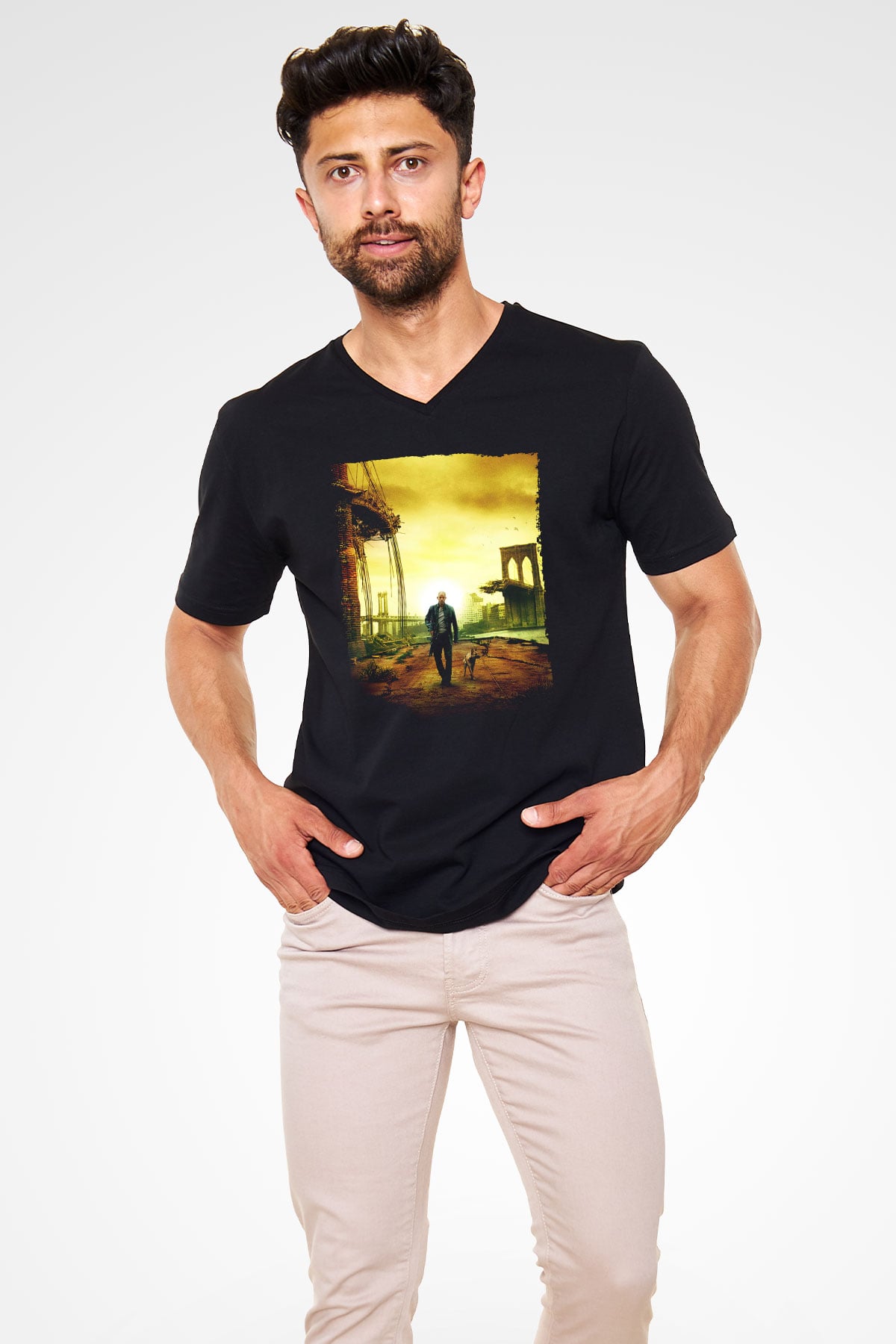 Unisex Ben Efsaneyim (I Am Legend) Baskılı Siyah V Yaka Tshirt