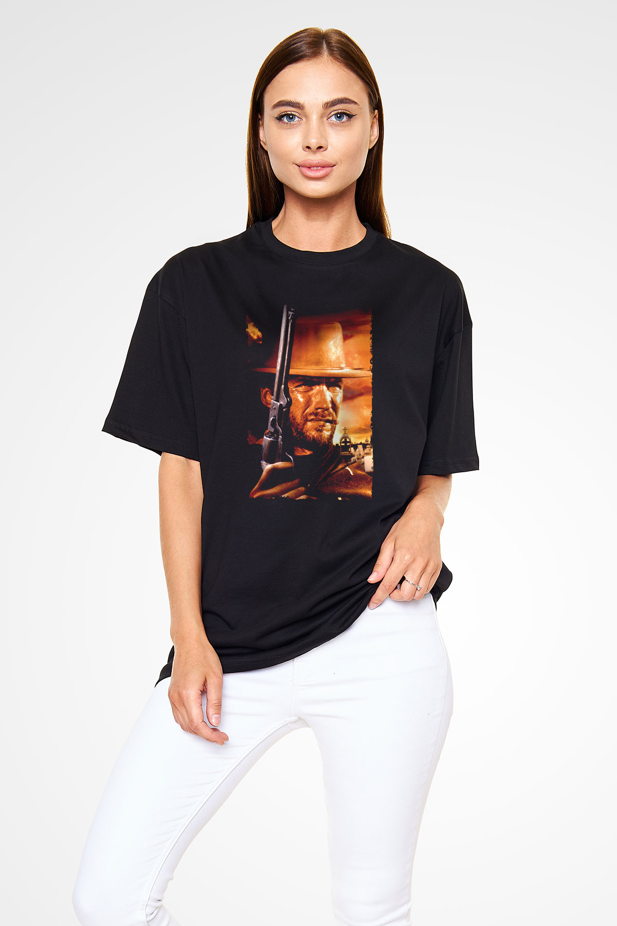 Unisex Bir Avuç Dolar (A Fistful of Dollars) Baskılı Siyah Oversize Tshirt