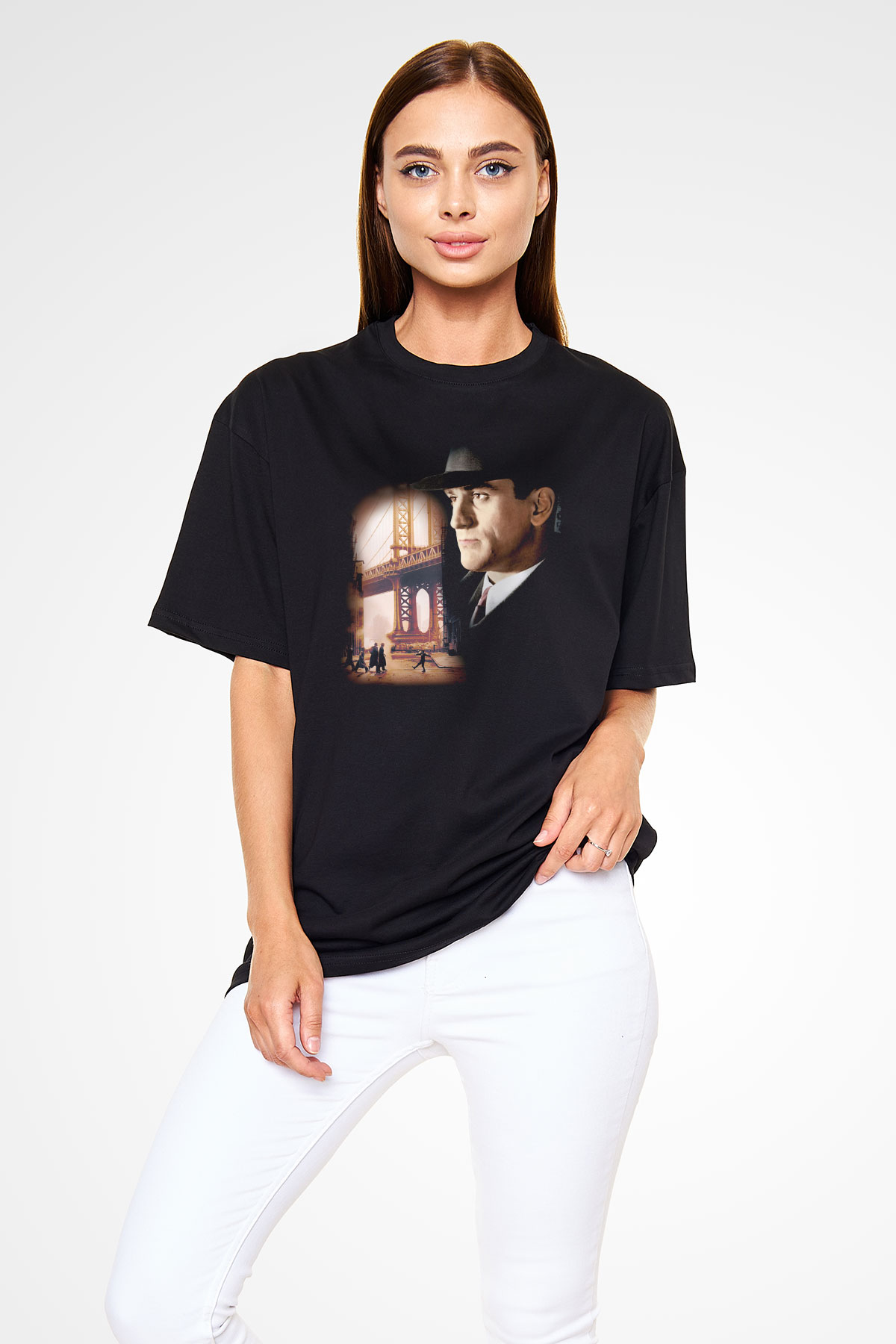 Unisex Bir Zamanlar Amerika (Once Upon a Time in America) Baskılı Siyah Oversize Tshirt