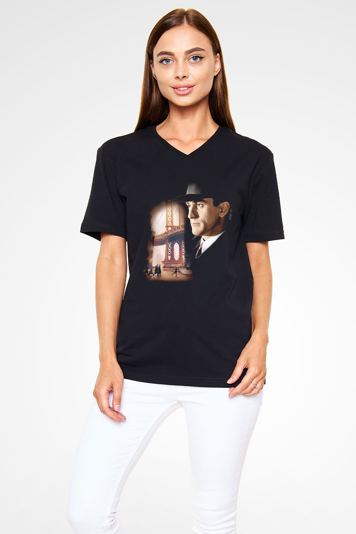 Unisex Bir Zamanlar Amerika (Once Upon a Time in America) Baskılı Siyah V Yaka Tshirt
