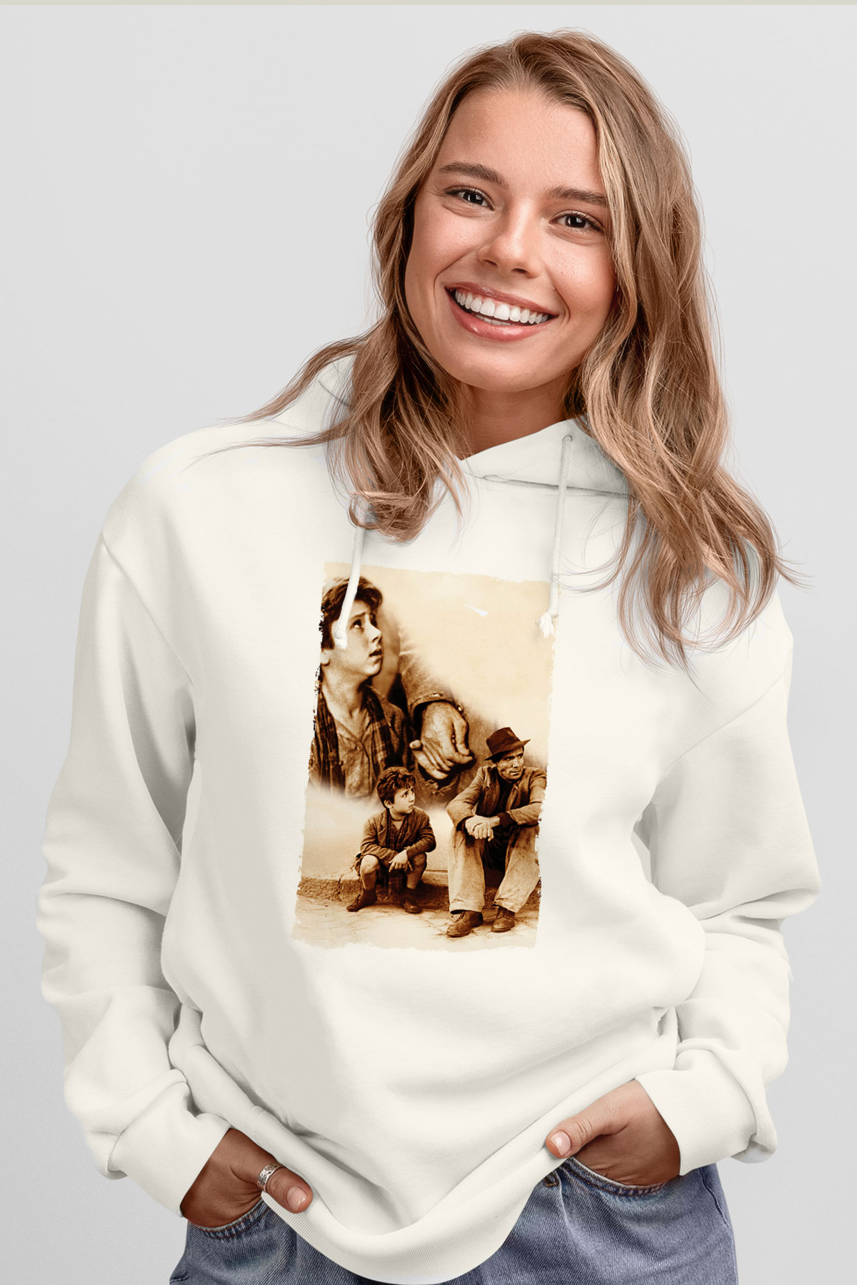 Unisex Bisiklet Hırsızları - Bicycle Thieves Baskılı Beyaz Kapüşonlu Sweatshirt