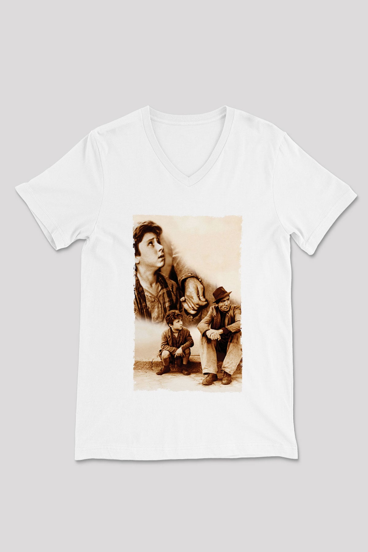 Unisex Bisiklet Hırsızları - Bicycle Thieves Baskılı Beyaz V Yaka Tshirt