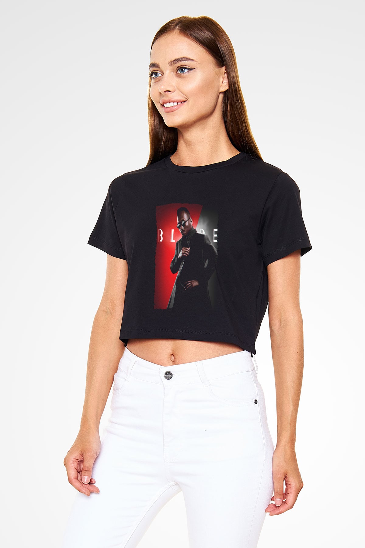 Unisex Blade Baskılı Siyah Crop Top T-shirt