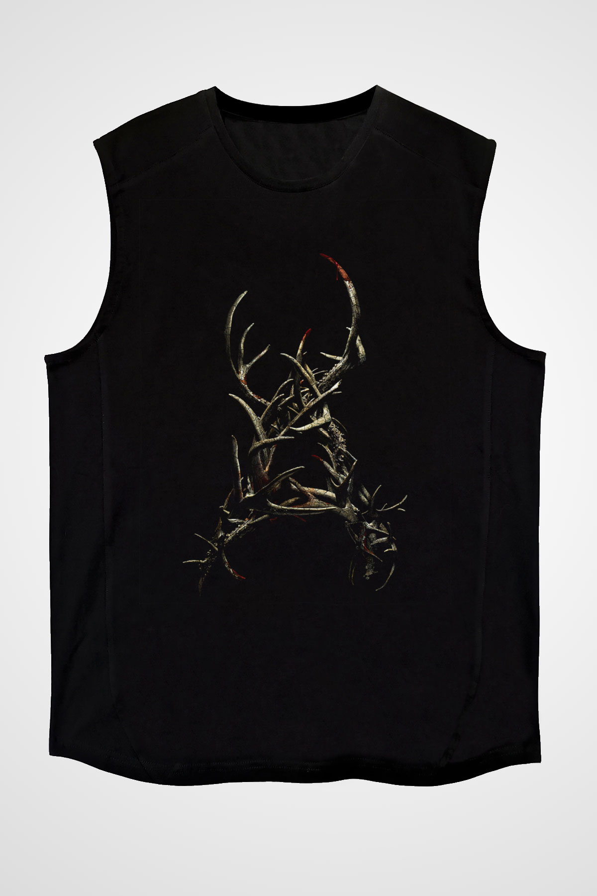Unisex Boynuzlar (Antlers) Baskılı Siyah Kolsuz Tshirt