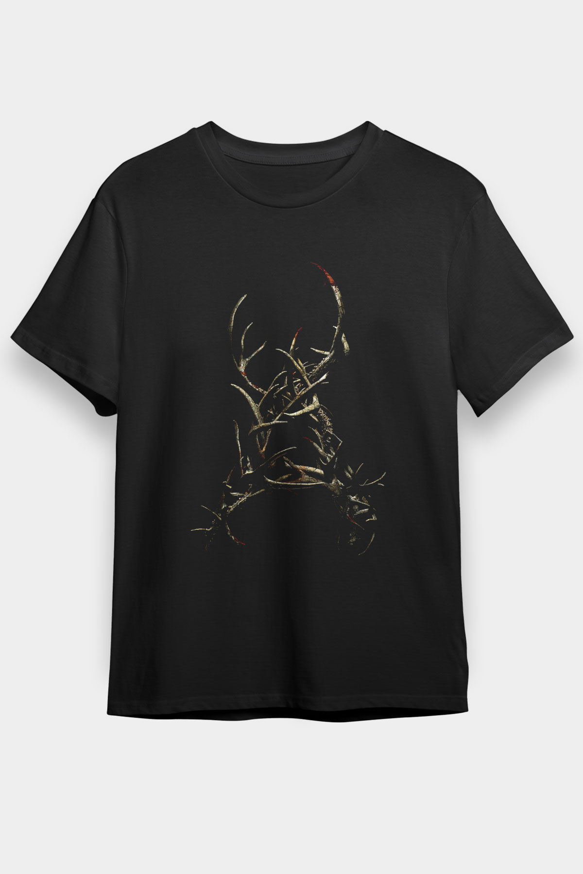 Unisex Boynuzlar (Antlers) Baskılı Siyah Tshirt