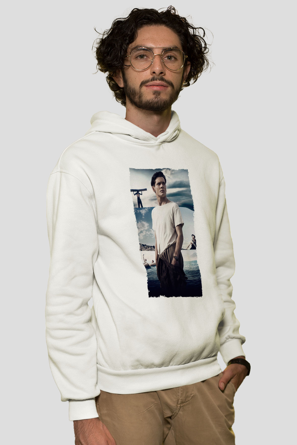 Unisex Boyun Eğmez (Unbroken) Baskılı Beyaz Kapüşonlu Sweatshirt
