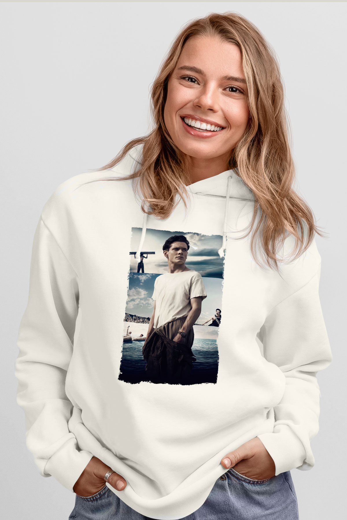 Unisex Boyun Eğmez (Unbroken) Baskılı Beyaz Kapüşonlu Sweatshirt