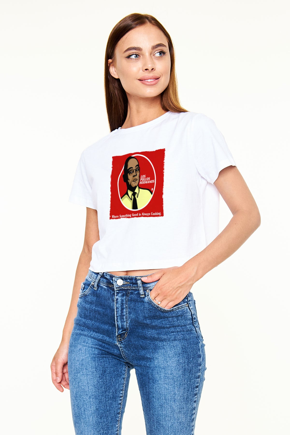 Unisex Breaking Bad Baskılı Beyaz Crop Top Tişört