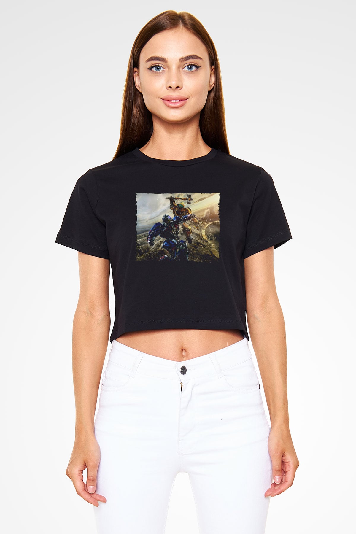Unisex Bumblebee Baskılı Siyah Crop Top Tshirt