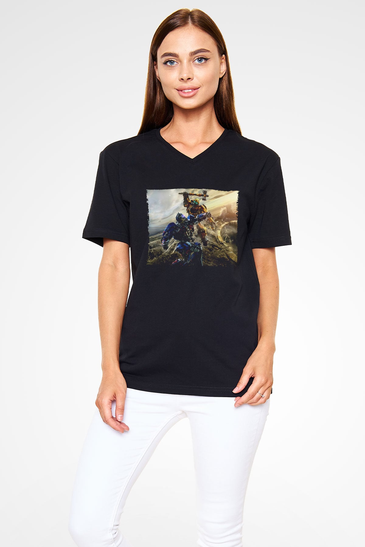 Unisex Bumblebee Baskılı Siyah V Yaka Tshirt