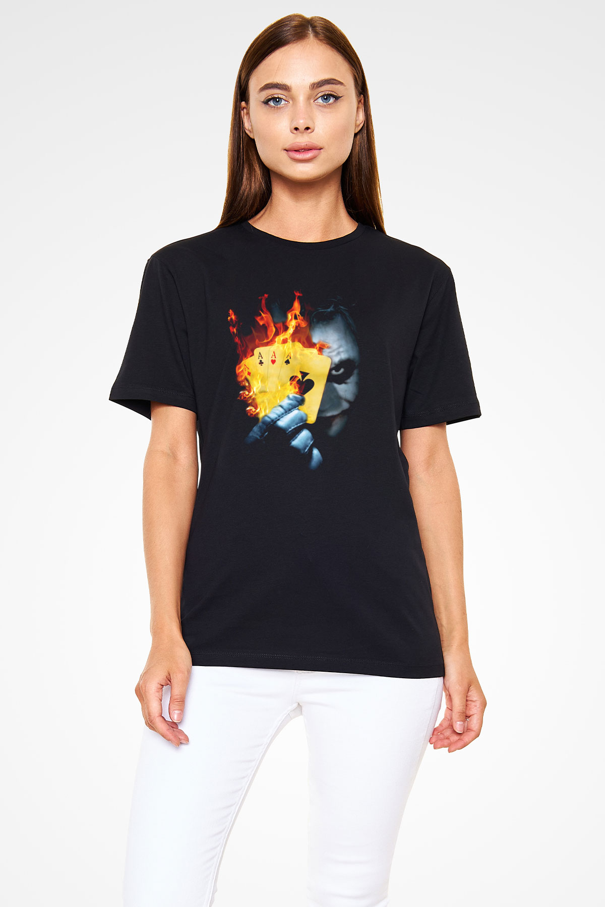 Unisex Burning Poker Joker Baskılı Siyah T-shirt