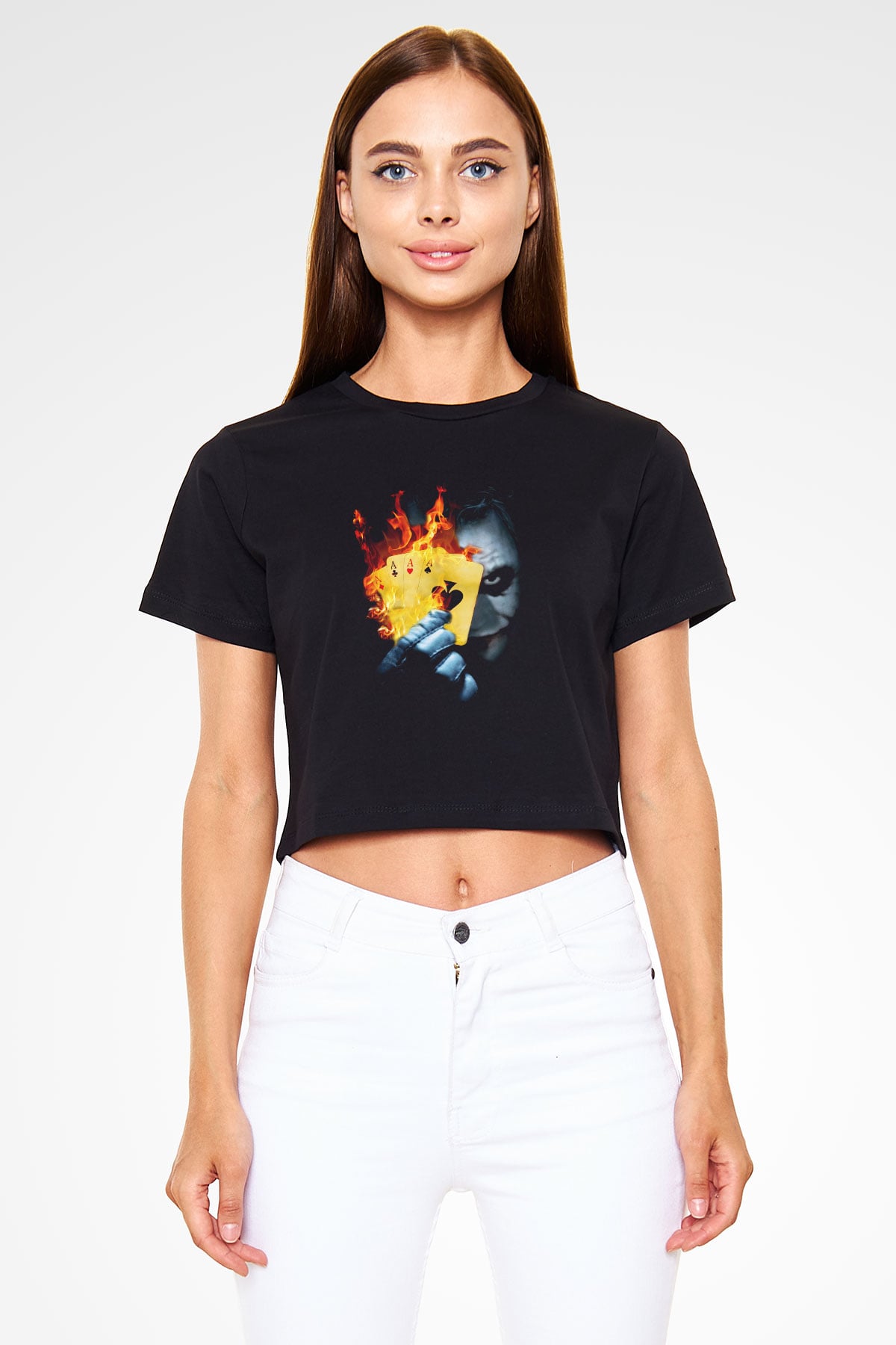 Unisex Burning Poker Joker Baskılı Siyah Crop Top T-shirt