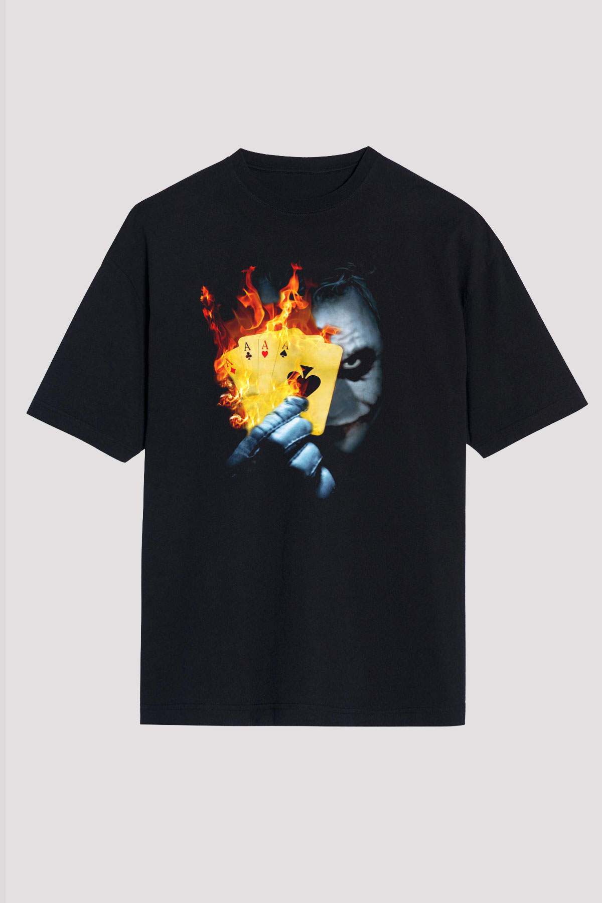 Unisex Burning Poker Joker Baskılı Siyah Oversize T-shirt