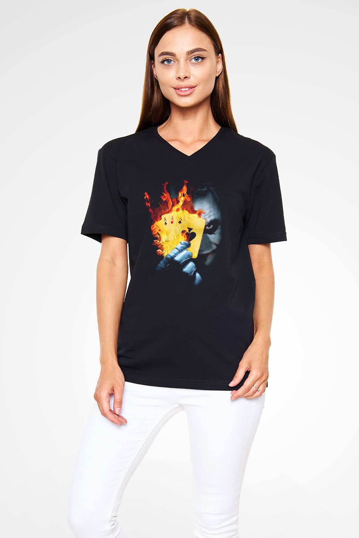 Unisex Burning Poker Joker Baskılı Siyah V Yaka T-shirt