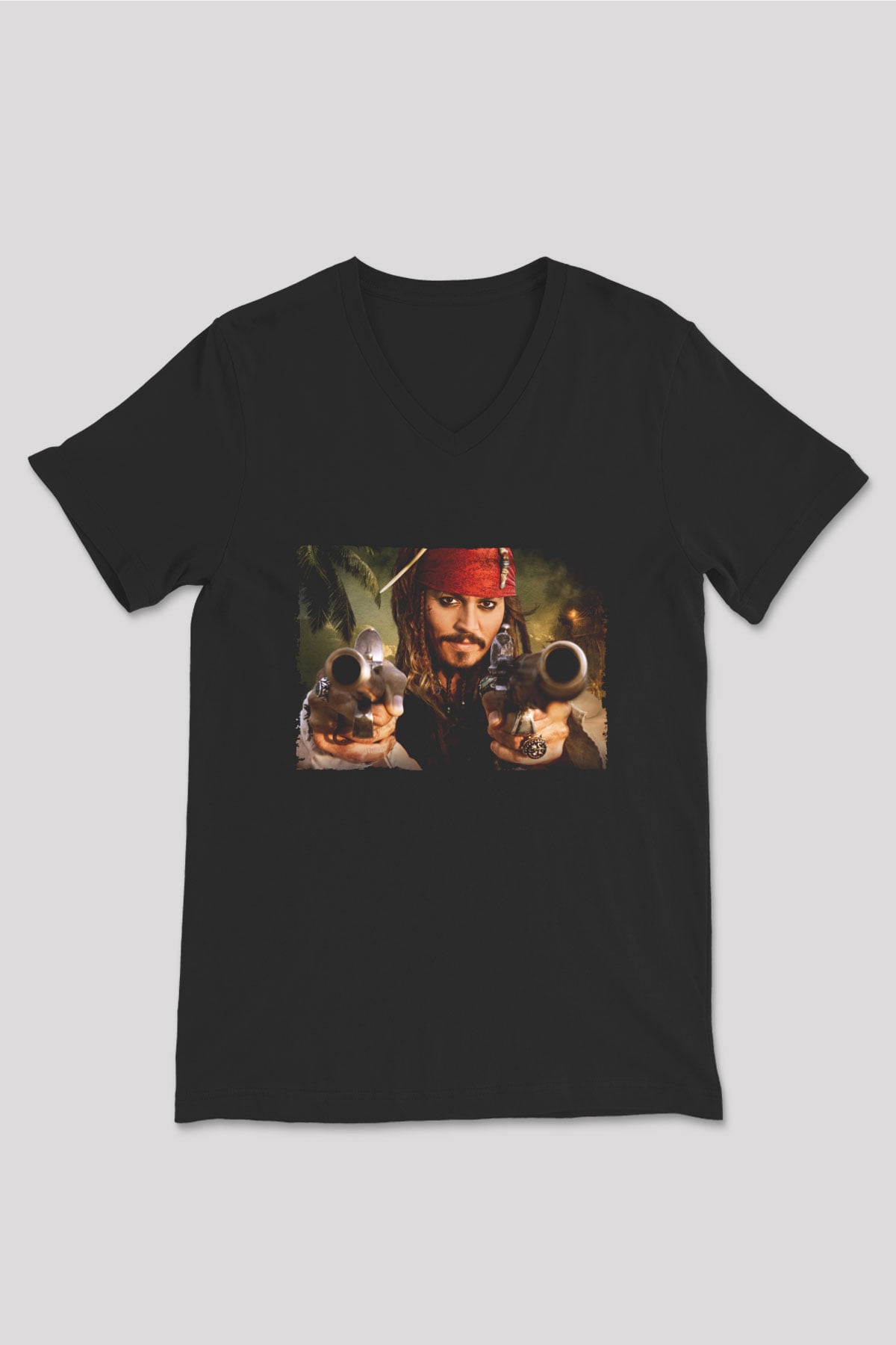 Unisex Captain Jack Sparrow Baskılı Siyah V Yaka Tshirt
