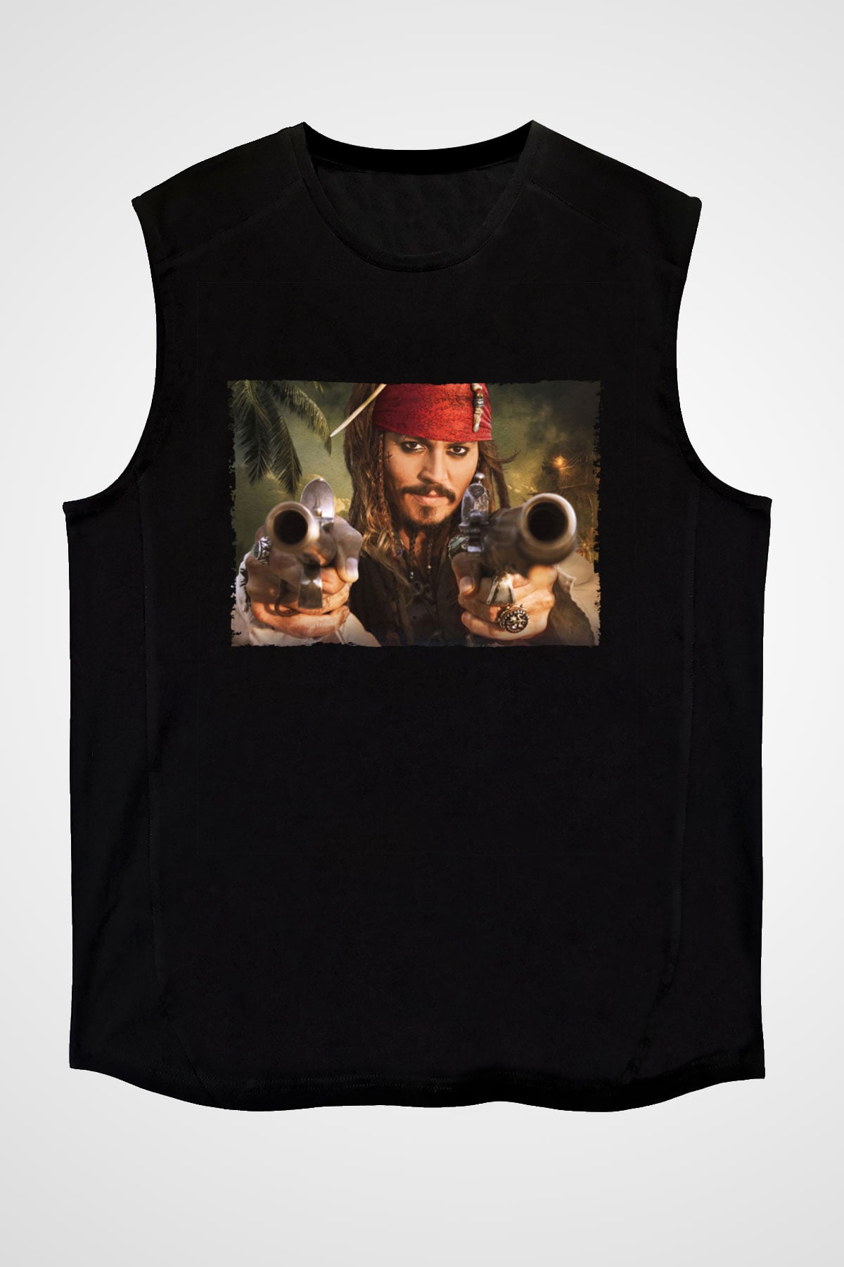 Unisex Captain Jack Sparrow Baskılı Siyah Kolsuz Tshirt