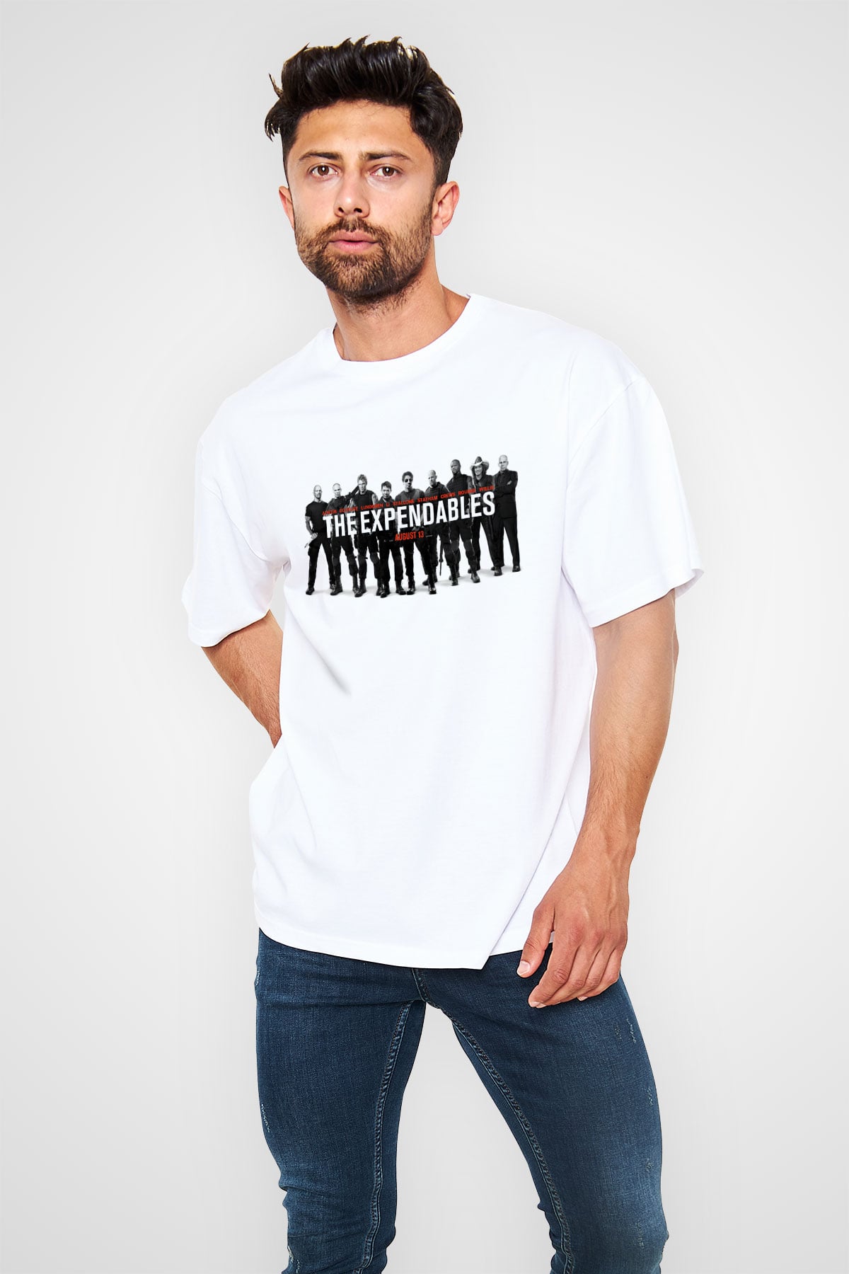 Unisex Cehennem Melekleri 2 (The Expendables 2) Baskılı Beyaz Oversize Oversize T-shirt